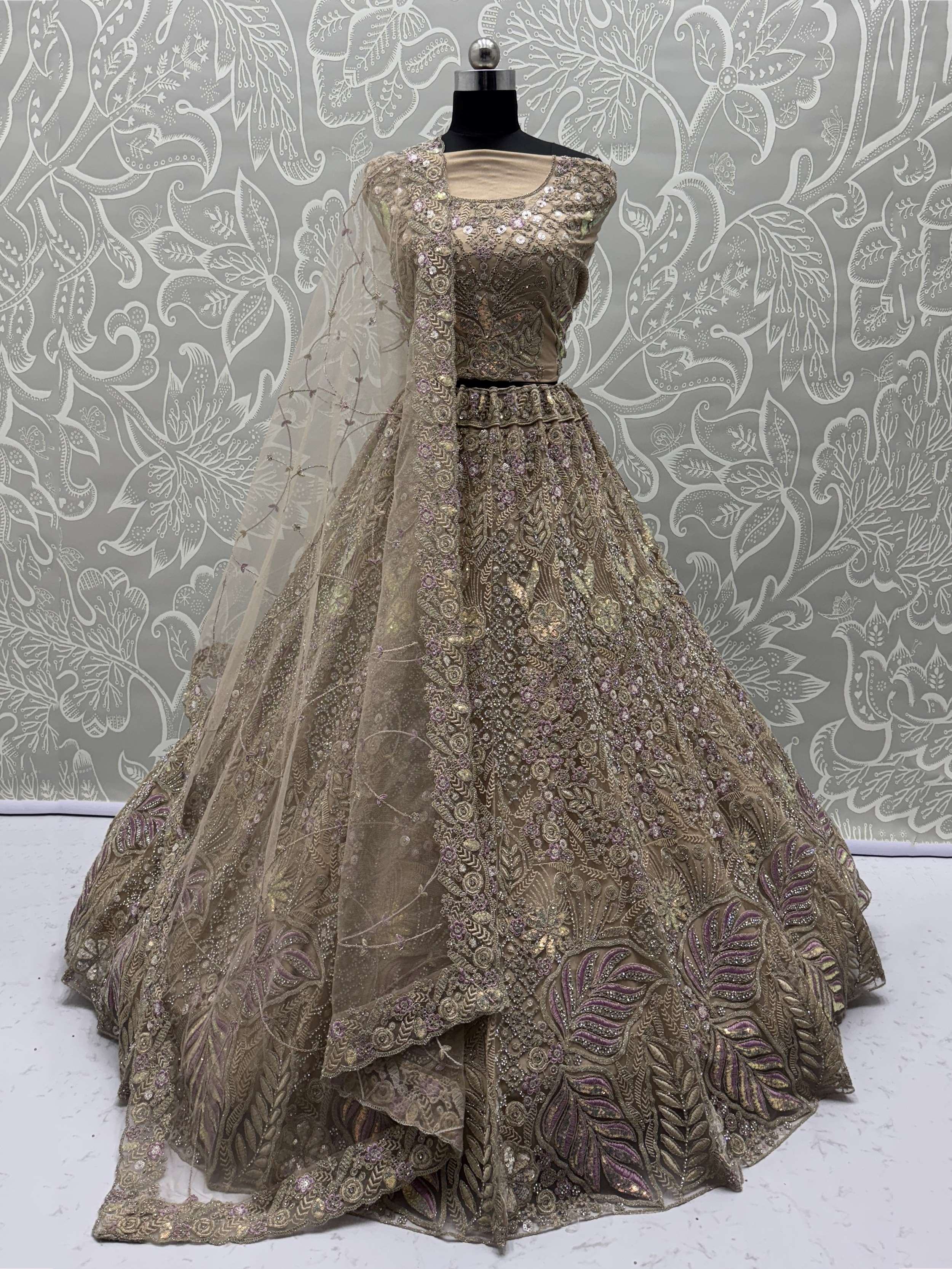 Beautiful Golden Net Sequins Bridal Wear Lehenga Choli With Dupatta