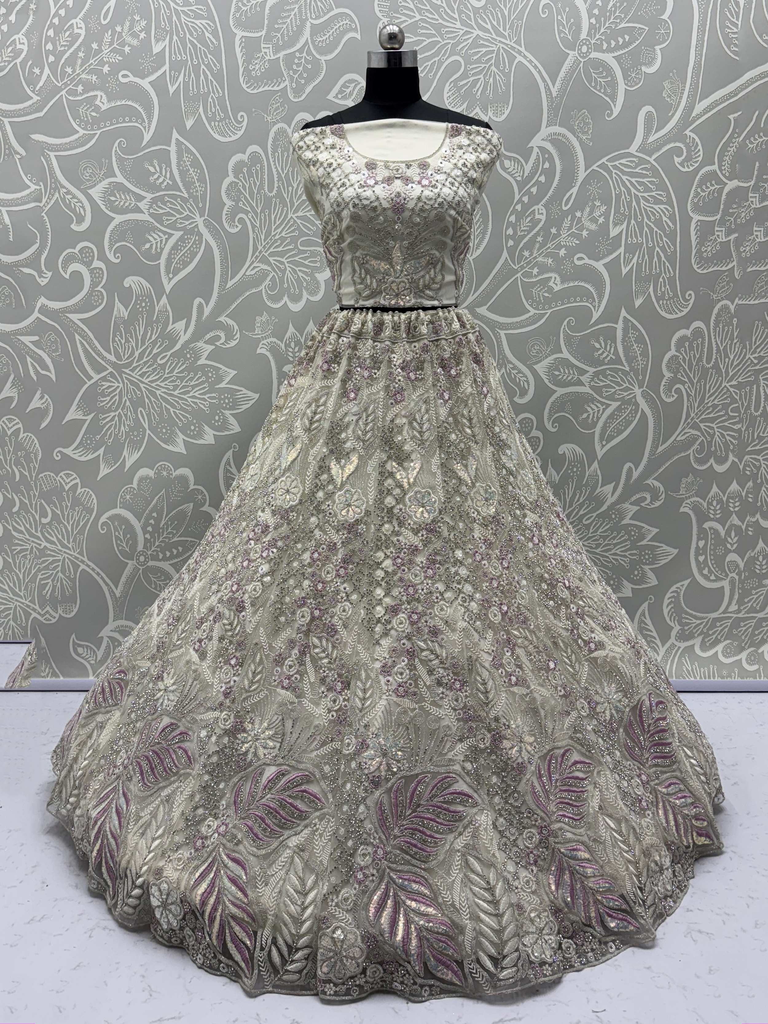 White Golden Net Sequins Bridal Wear Lehenga Choli With Dupatta