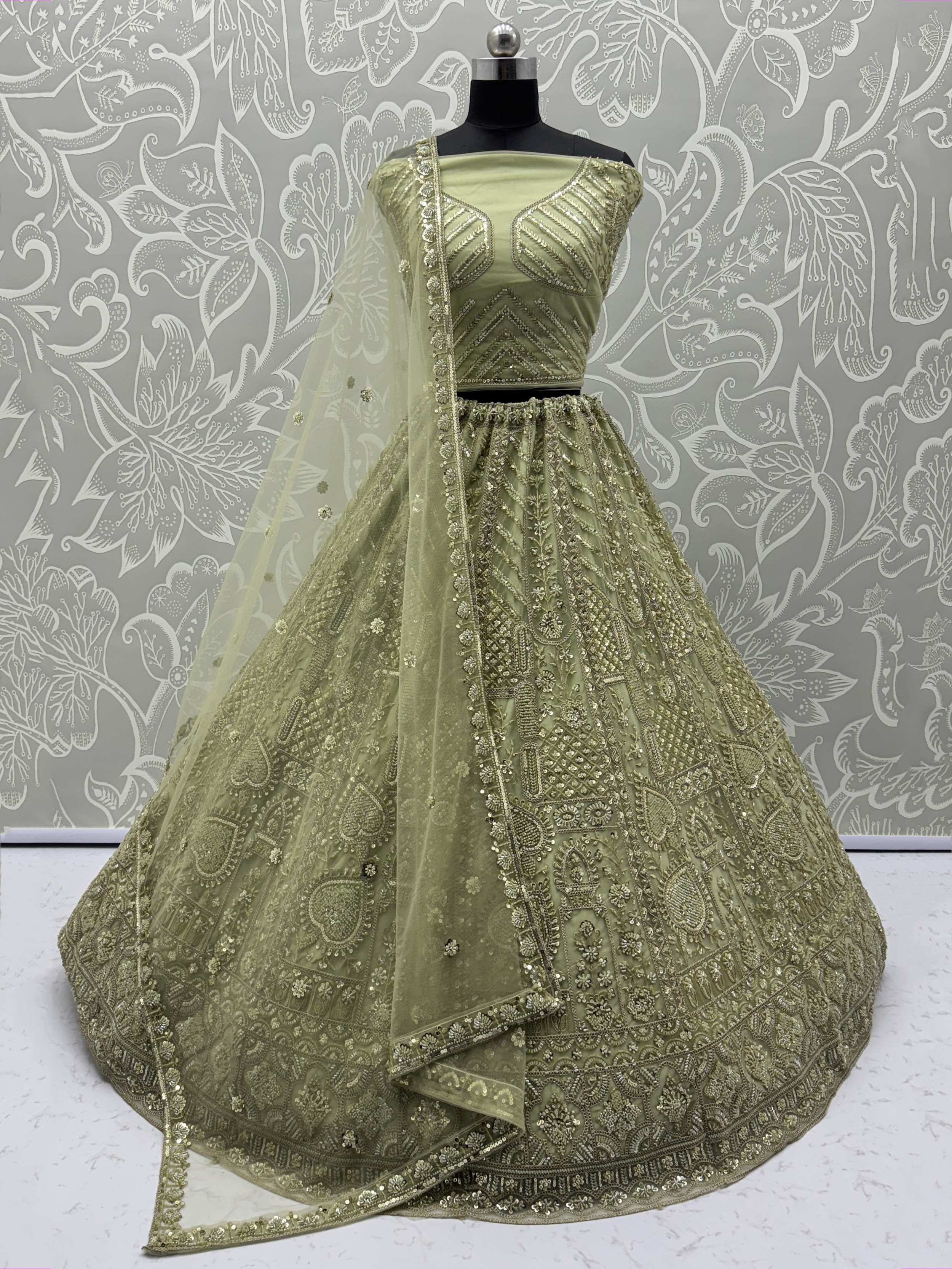 Green Stunning Net Dori Embroidered Lehenga Choli With Dupatta
