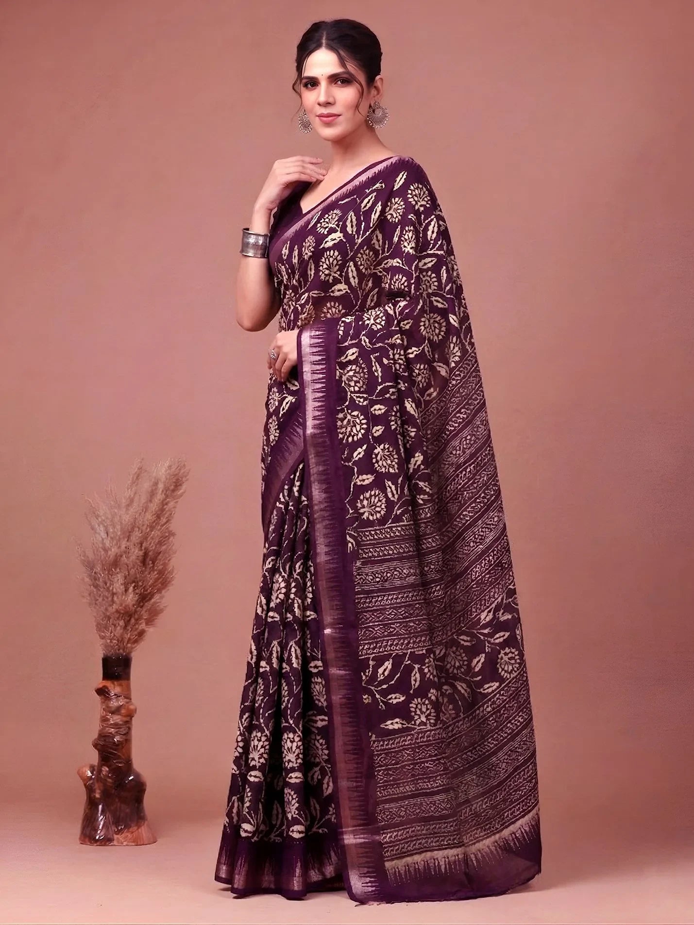 Wine Majestic Floral Printed Silk Casual Wear Saree With Blouse