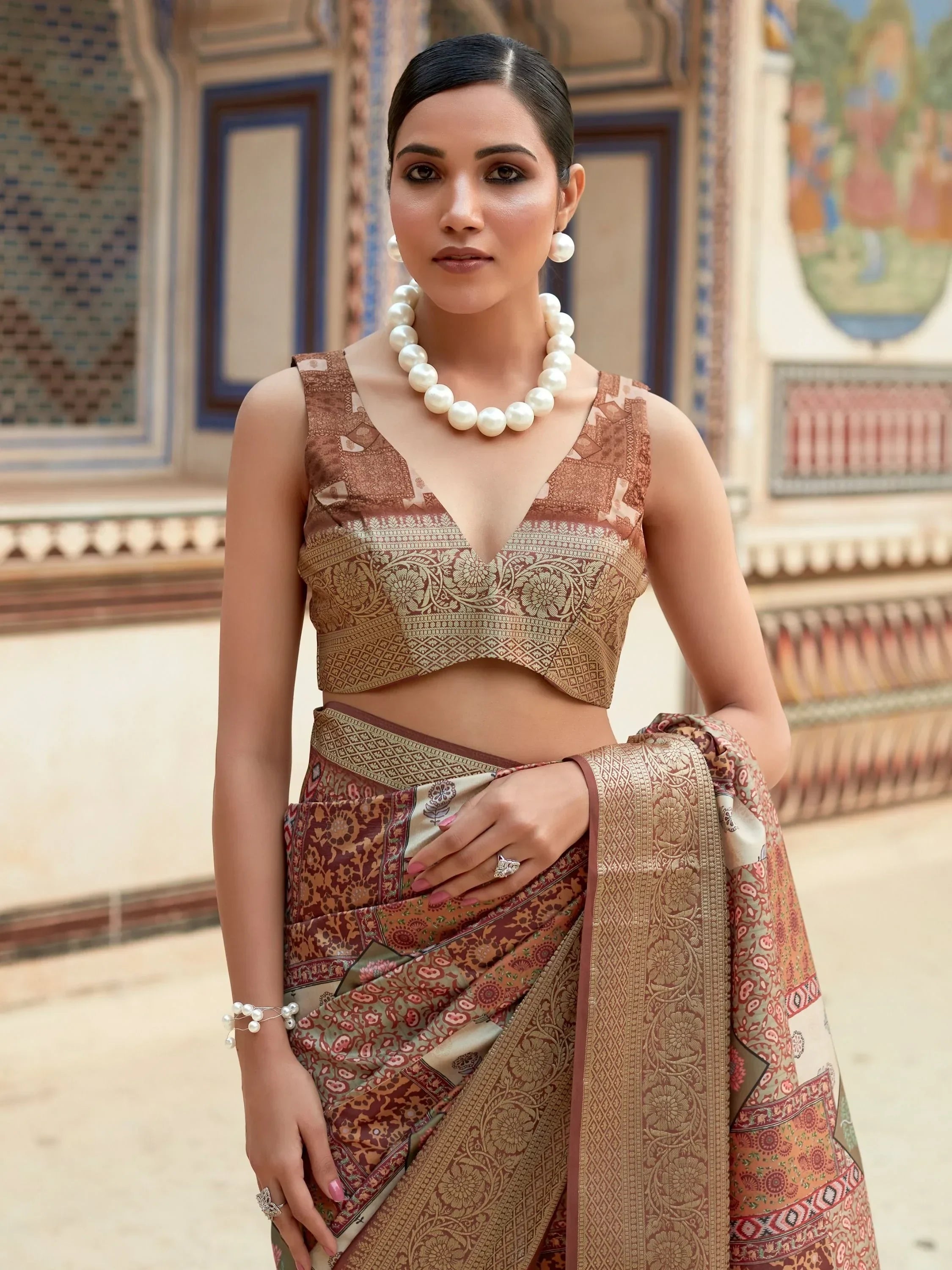 Incredible Brown Digital Printed Silk Events Wear Saree With Blouse