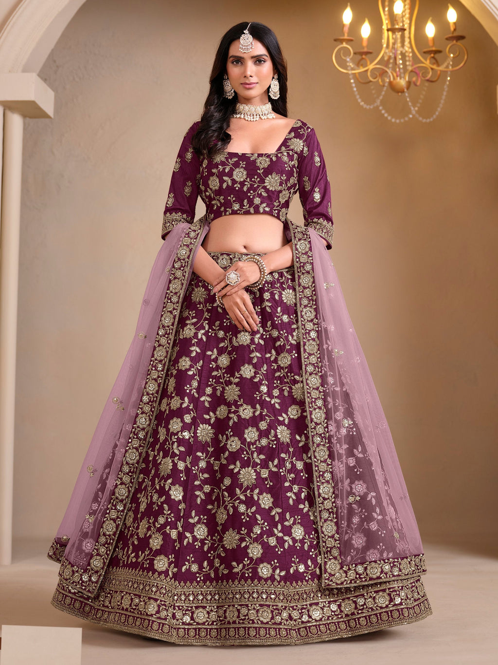 Glowing Wine Sequins Silk Engagement Wear Lehenga Choli With Dupatta