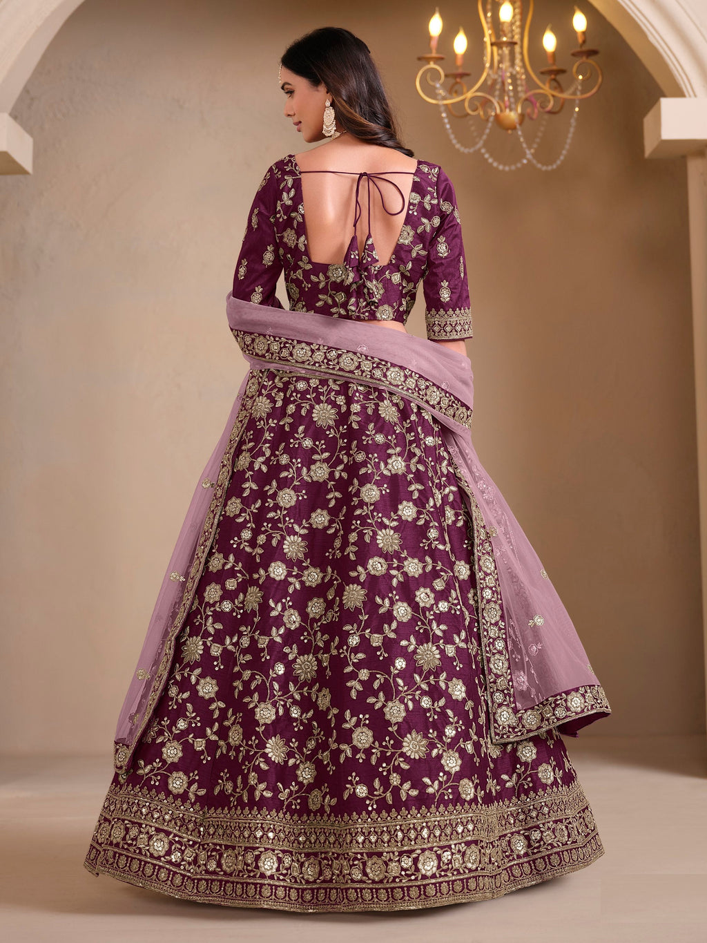 Glowing Wine Sequins Silk Engagement Wear Lehenga Choli With Dupatta