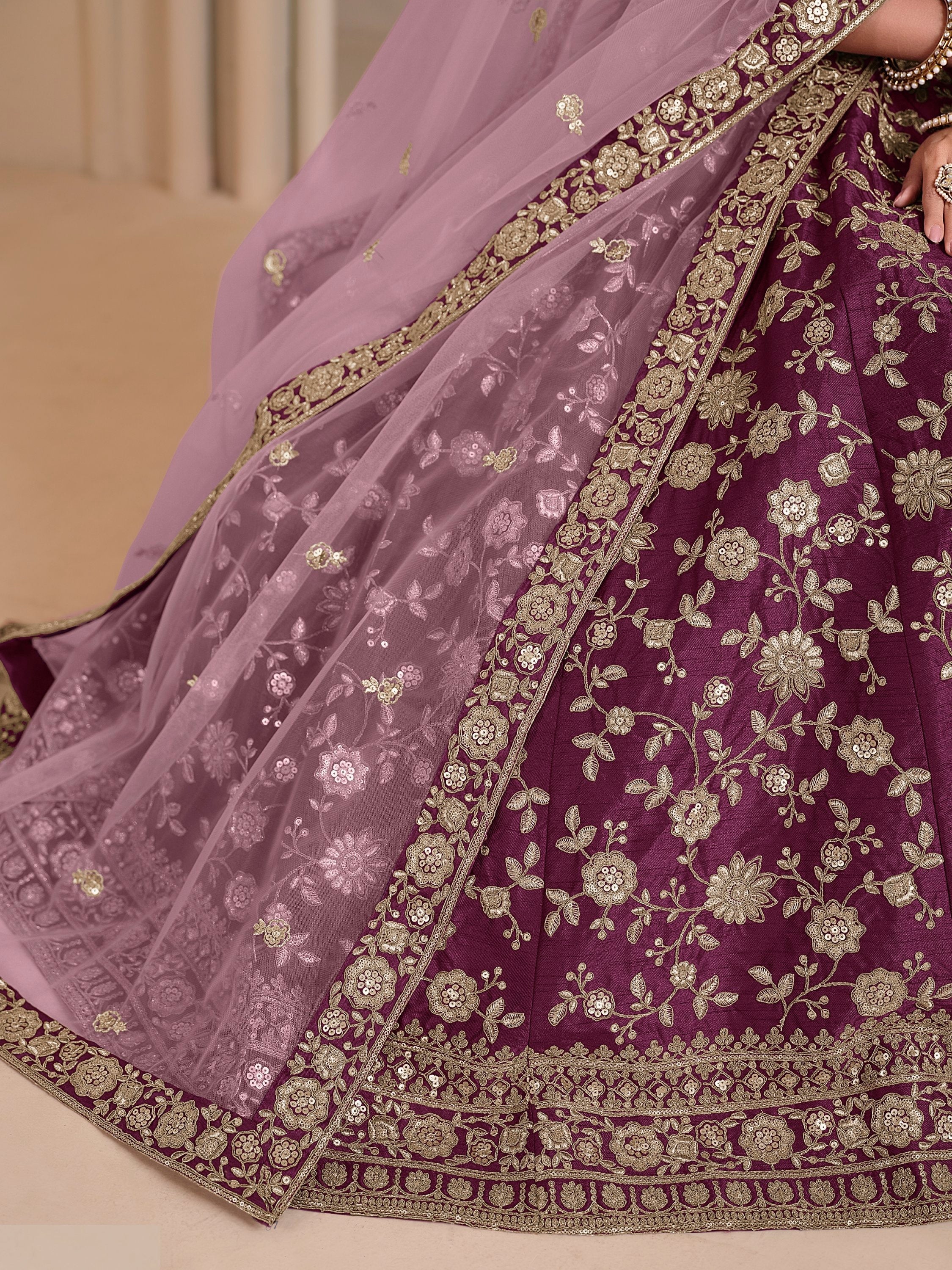 Glowing Wine Sequins Silk Engagement Wear Lehenga Choli With Dupatta