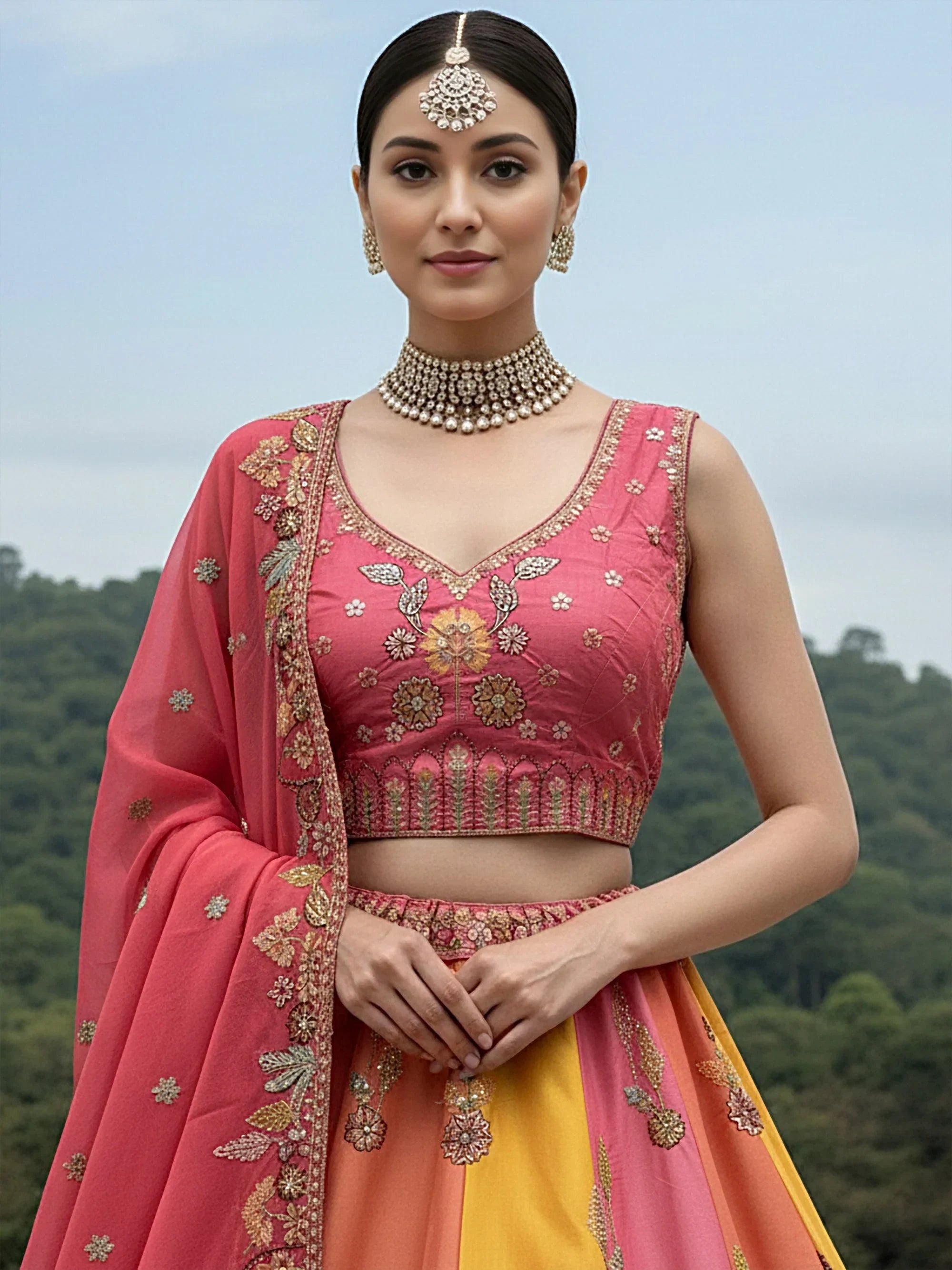 Precious Pink Thread Embroidered Silk Bridesmaid Lehenga Choli