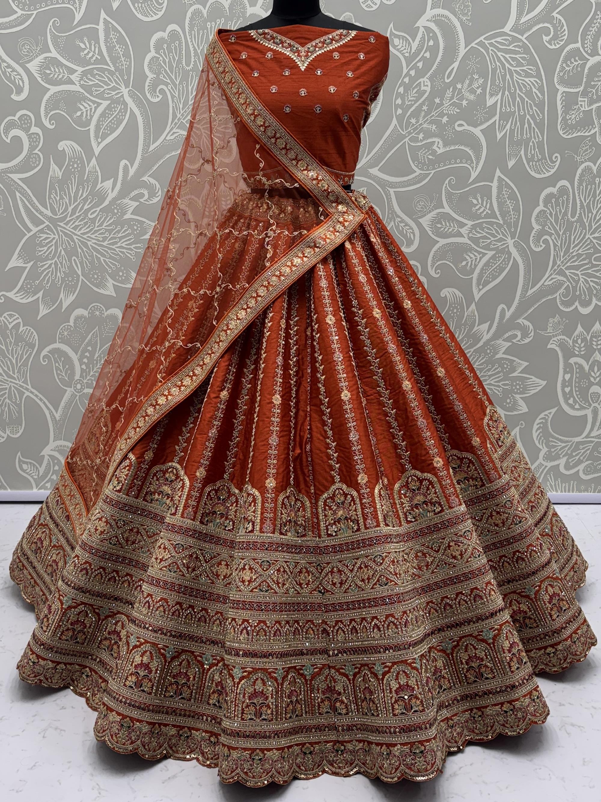 Orange Awesome Mirror Handwork Silk Bridal Wear Lehenga Choli