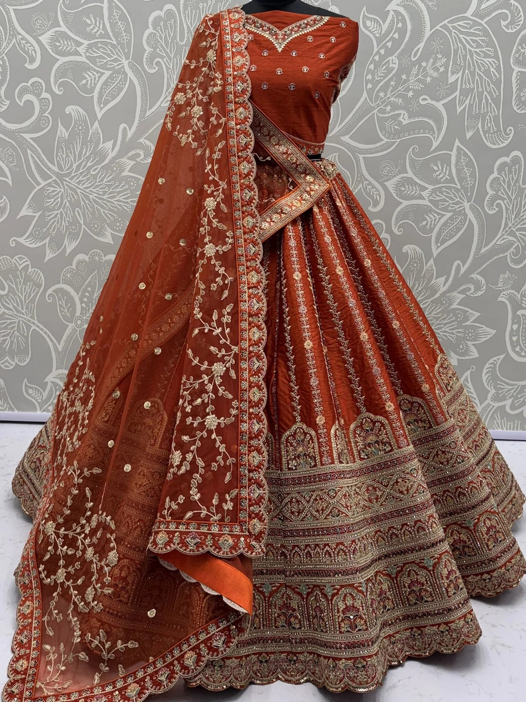 Orange Awesome Mirror Handwork Silk Bridal Wear Lehenga Choli