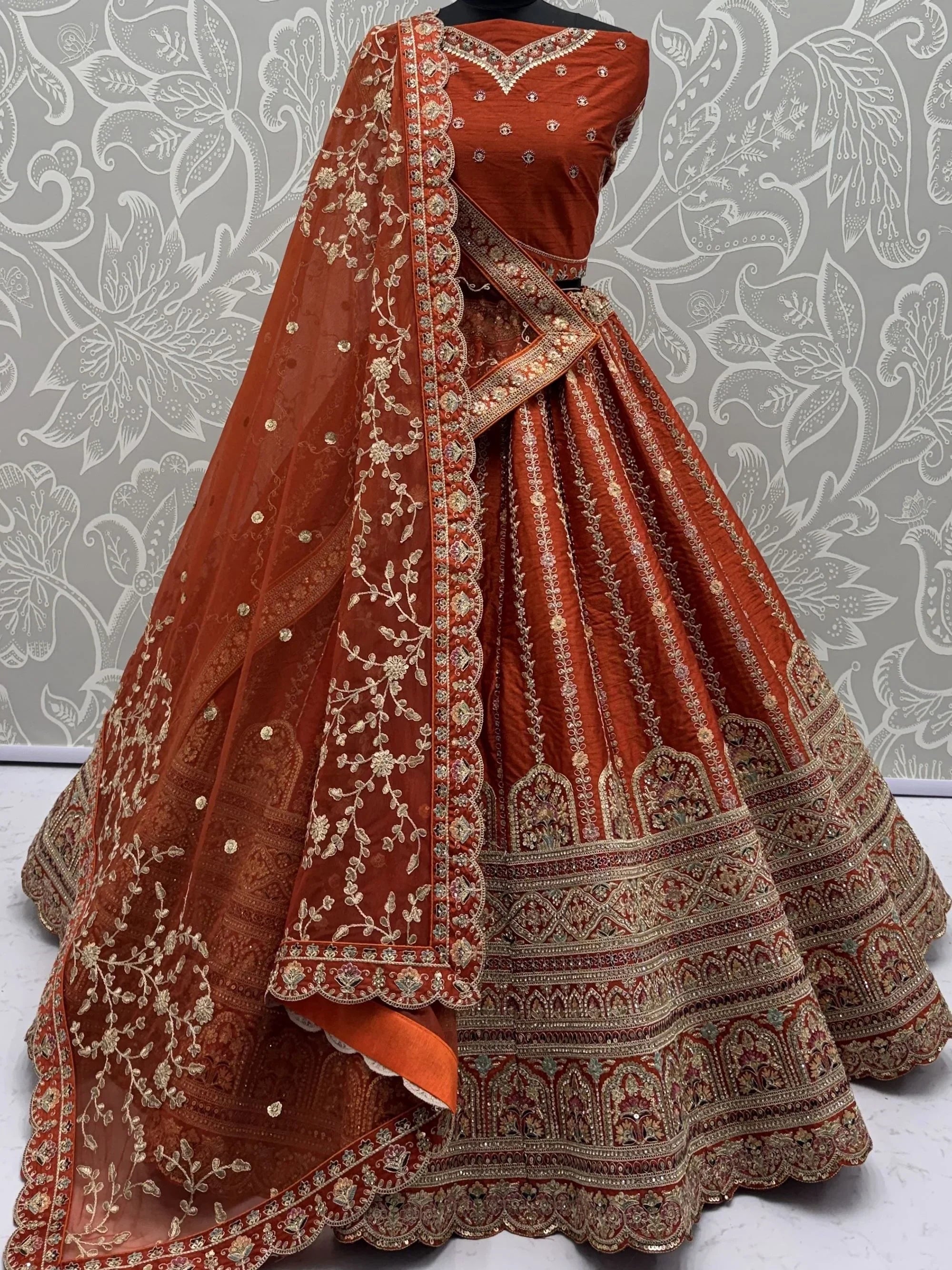 Orange Awesome Mirror Handwork Silk Bridal Wear Lehenga Choli