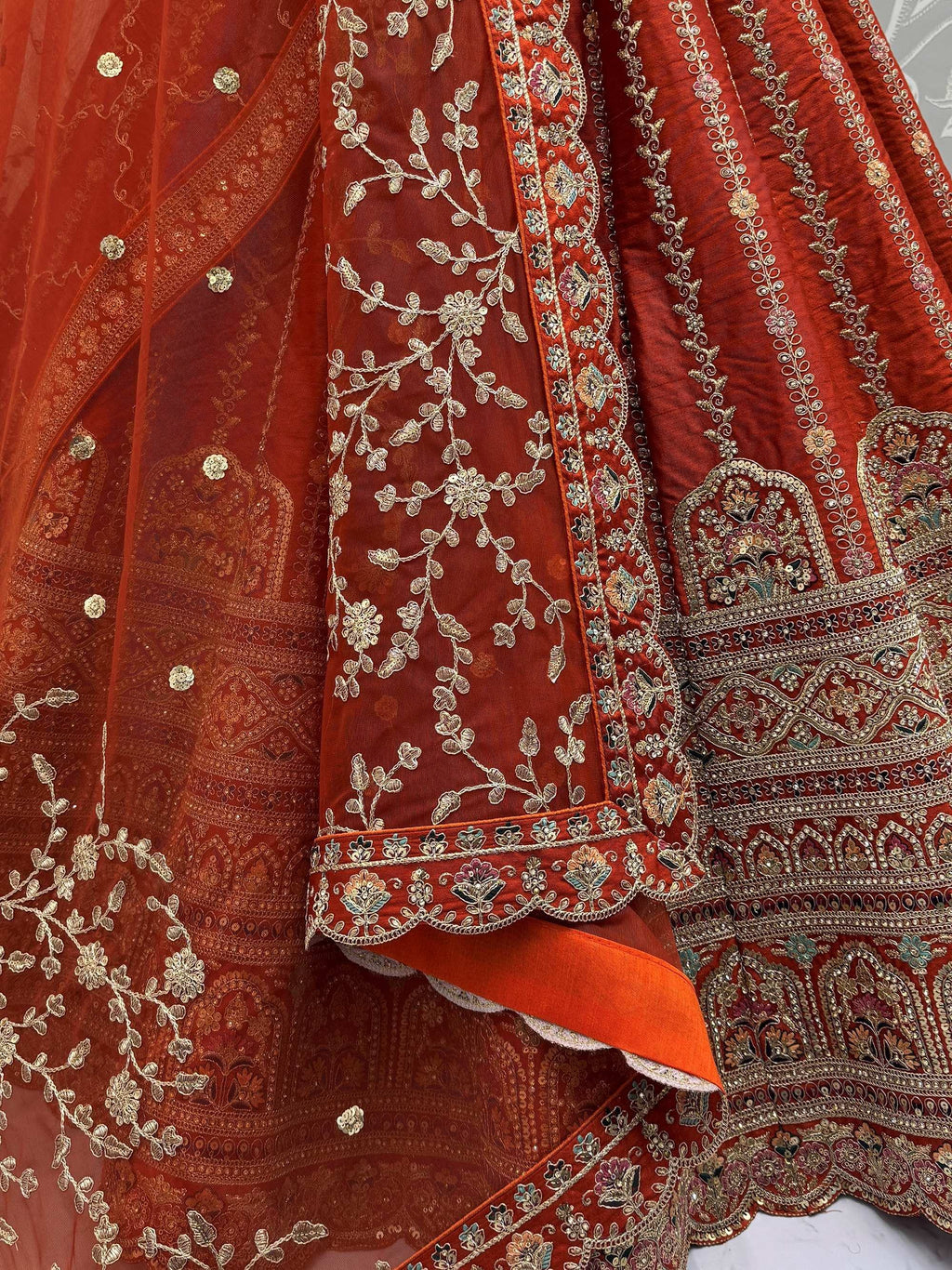 Orange Awesome Mirror Handwork Silk Bridal Wear Lehenga Choli