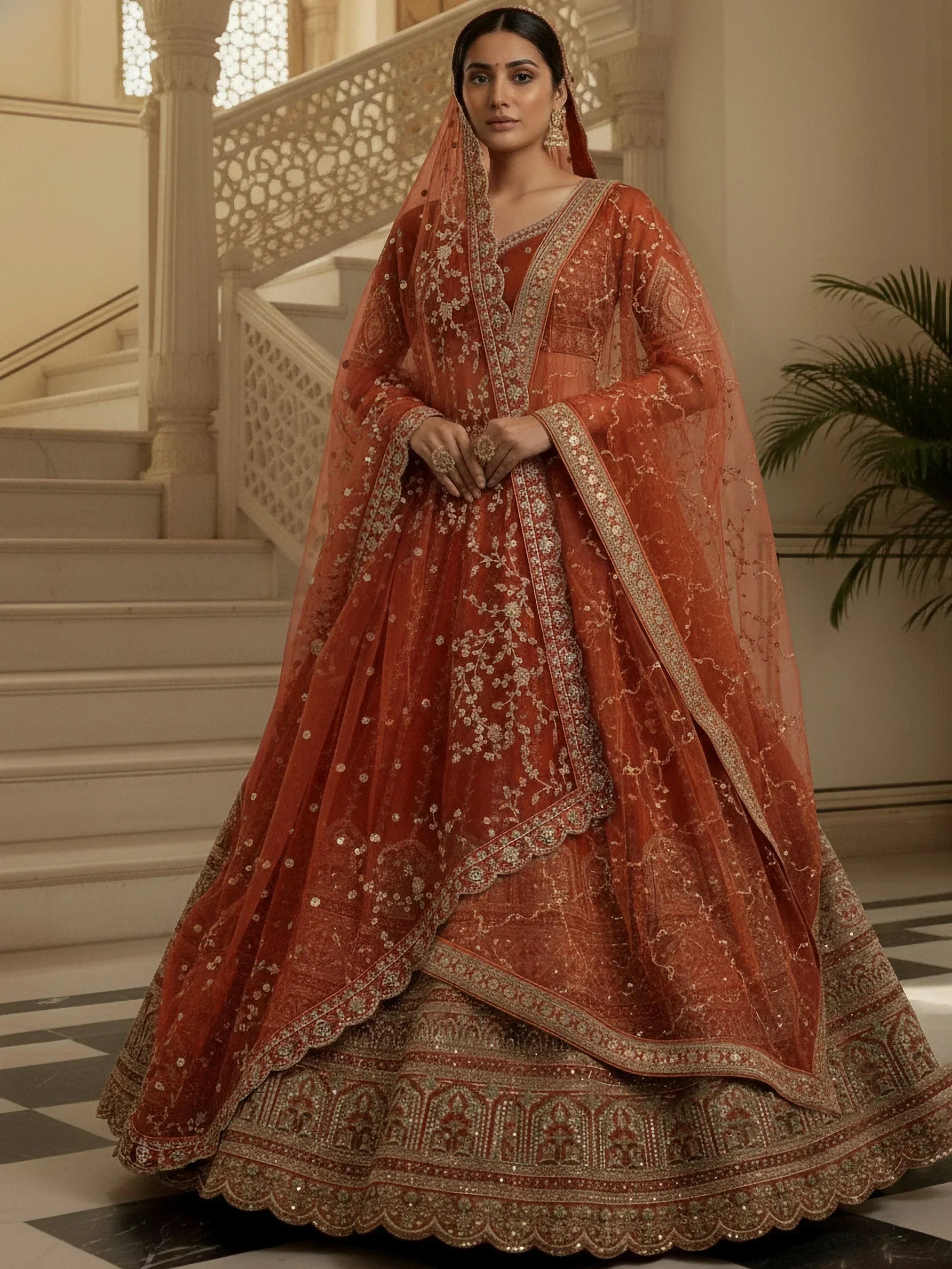 Orange Awesome Mirror Handwork Silk Bridal Wear Lehenga Choli