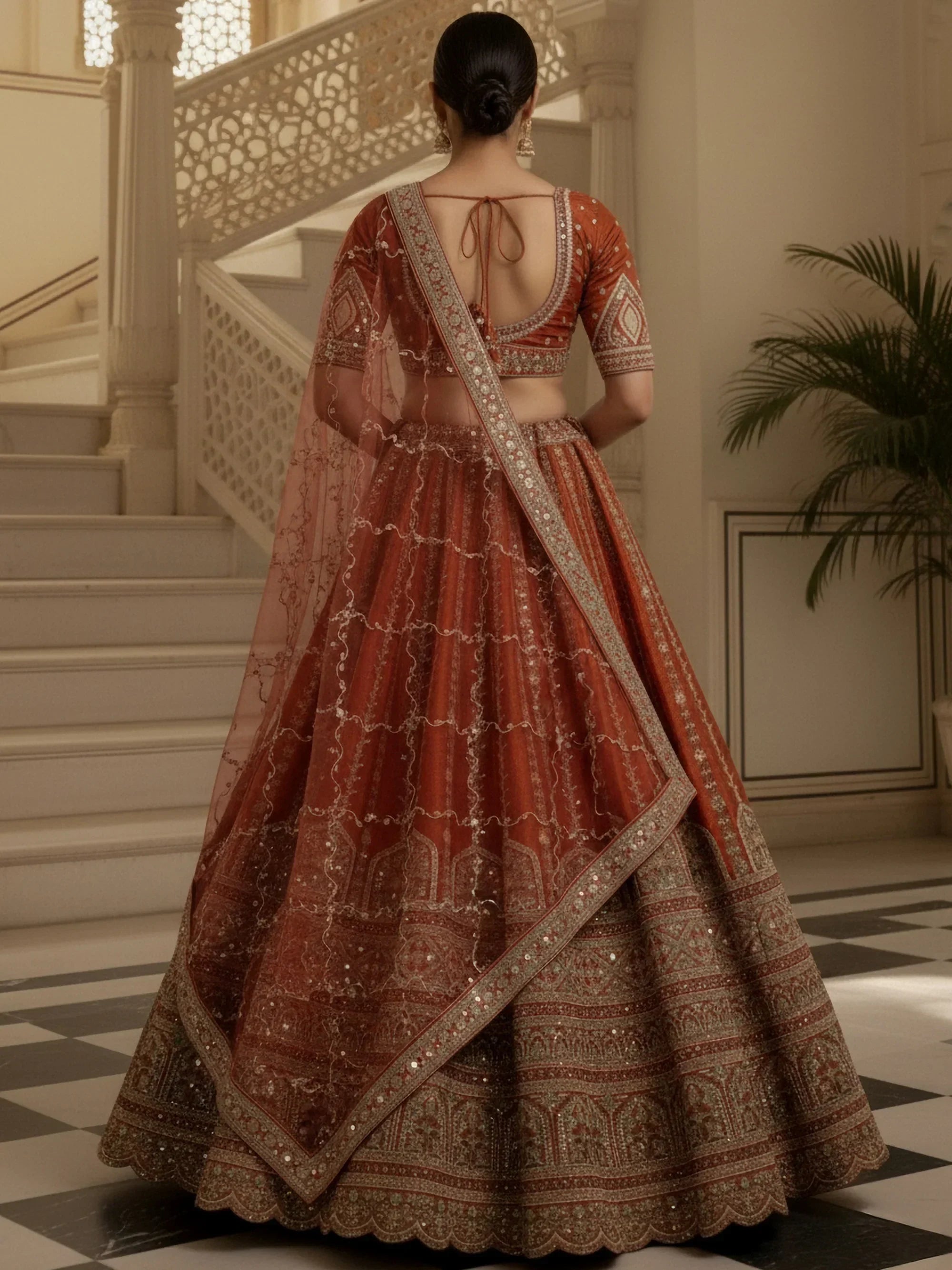 Orange Awesome Mirror Handwork Silk Bridal Wear Lehenga Choli