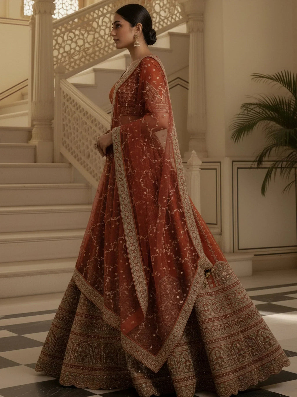 Orange Awesome Mirror Handwork Silk Bridal Wear Lehenga Choli