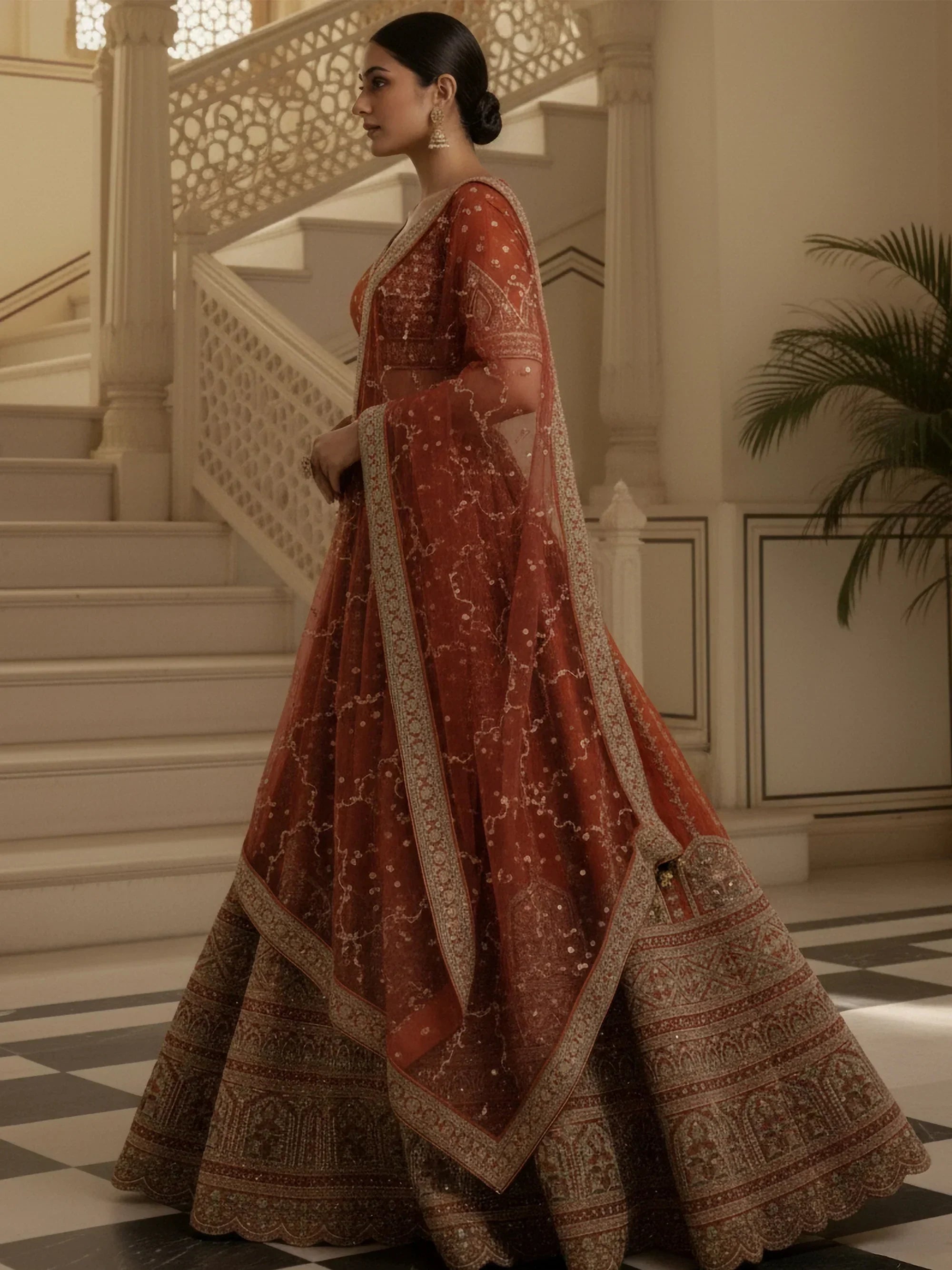 Orange Awesome Mirror Handwork Silk Bridal Wear Lehenga Choli