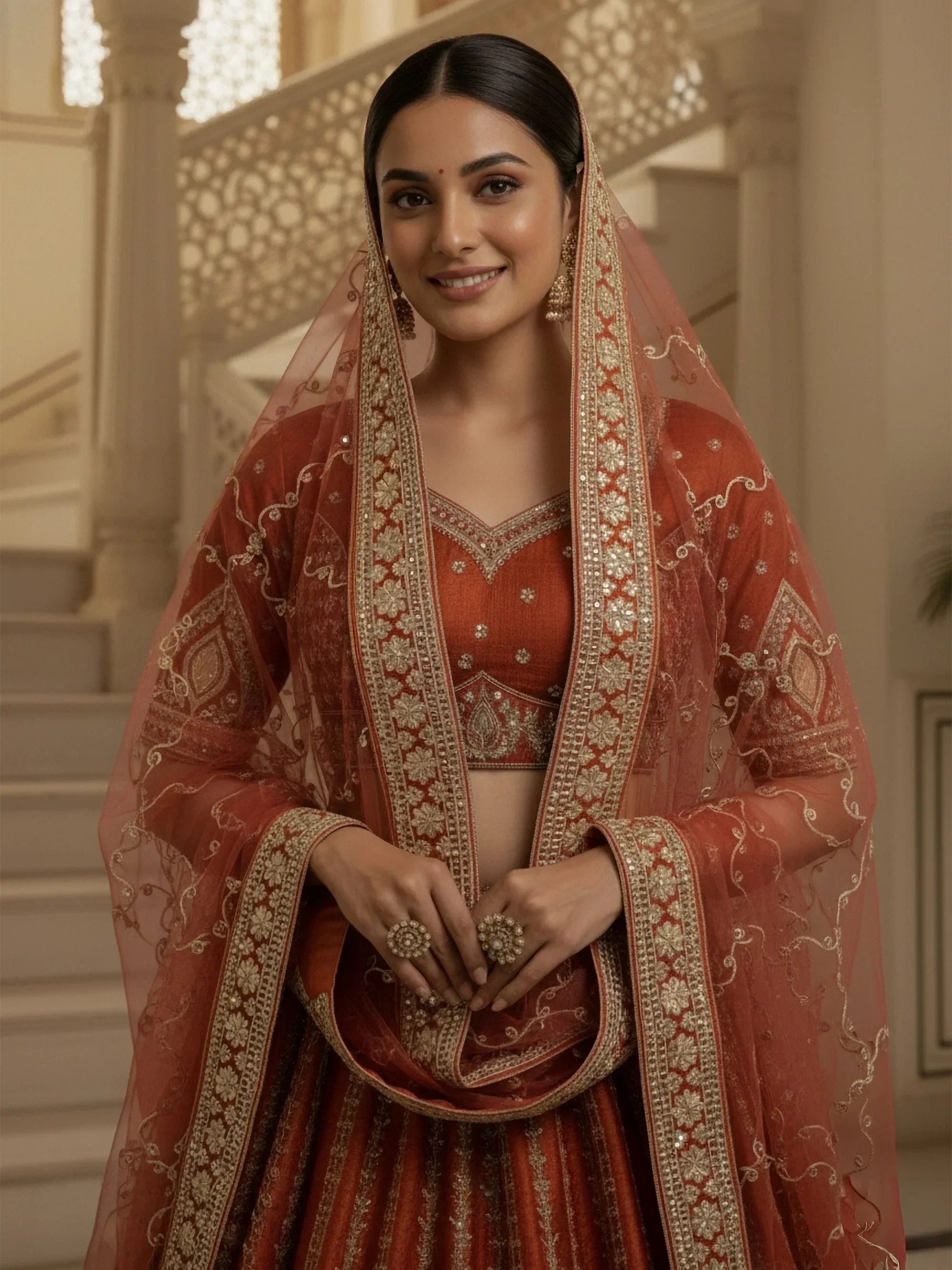 Orange Awesome Mirror Handwork Silk Bridal Wear Lehenga Choli