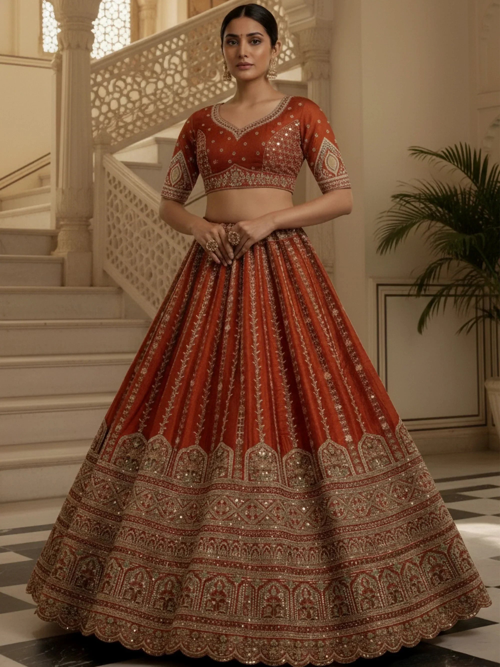 Orange Awesome Mirror Handwork Silk Bridal Wear Lehenga Choli