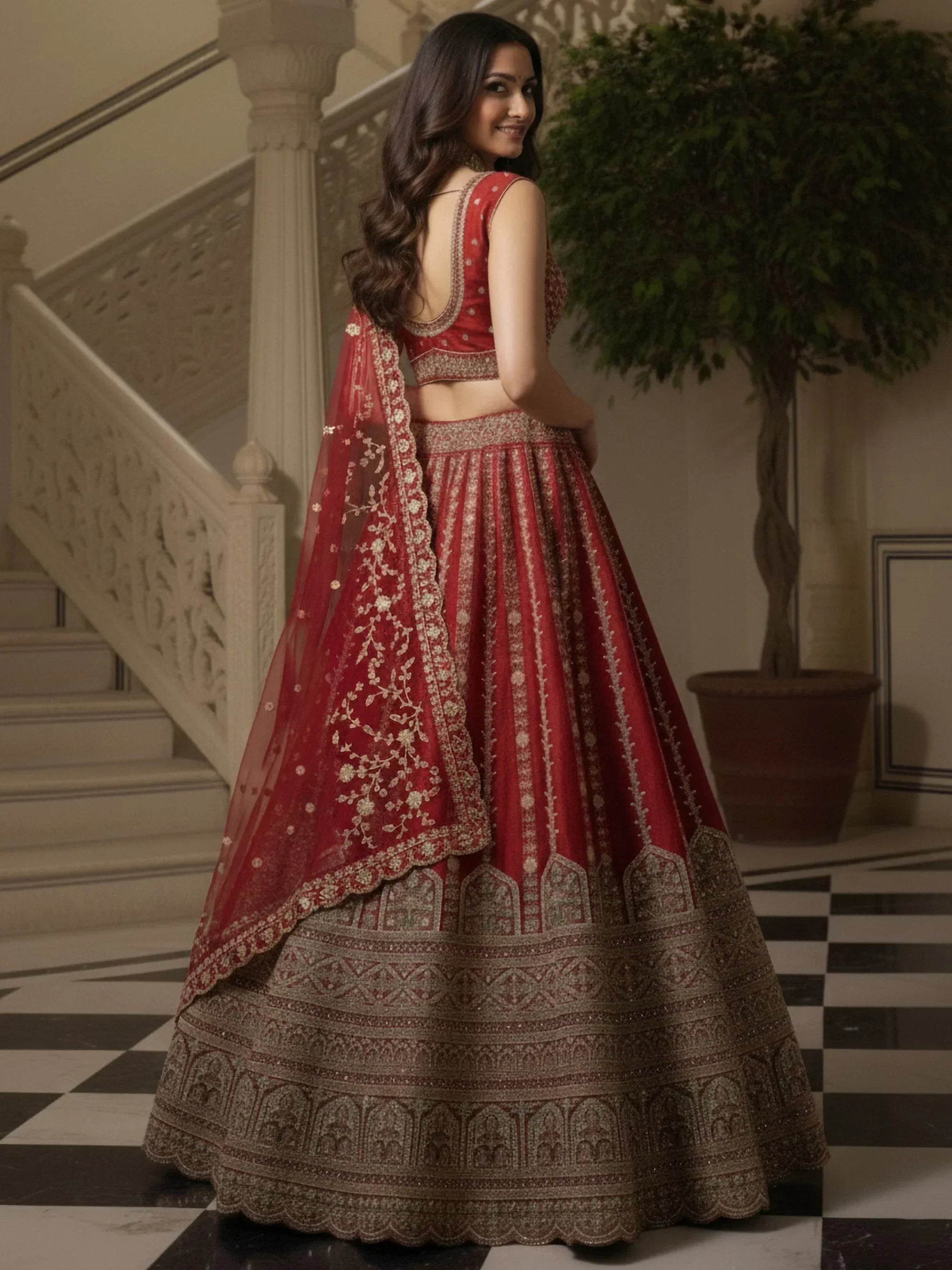 Red Awesome Mirror Handwork Silk Bridal Wear Lehenga Choli