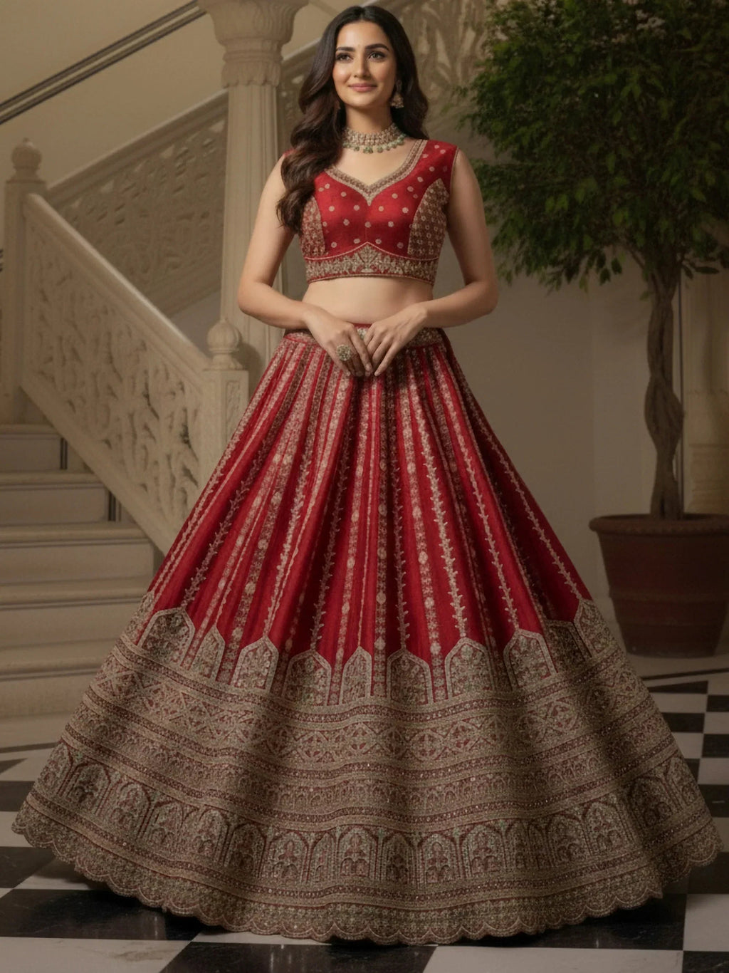 Red Awesome Mirror Handwork Silk Bridal Wear Lehenga Choli