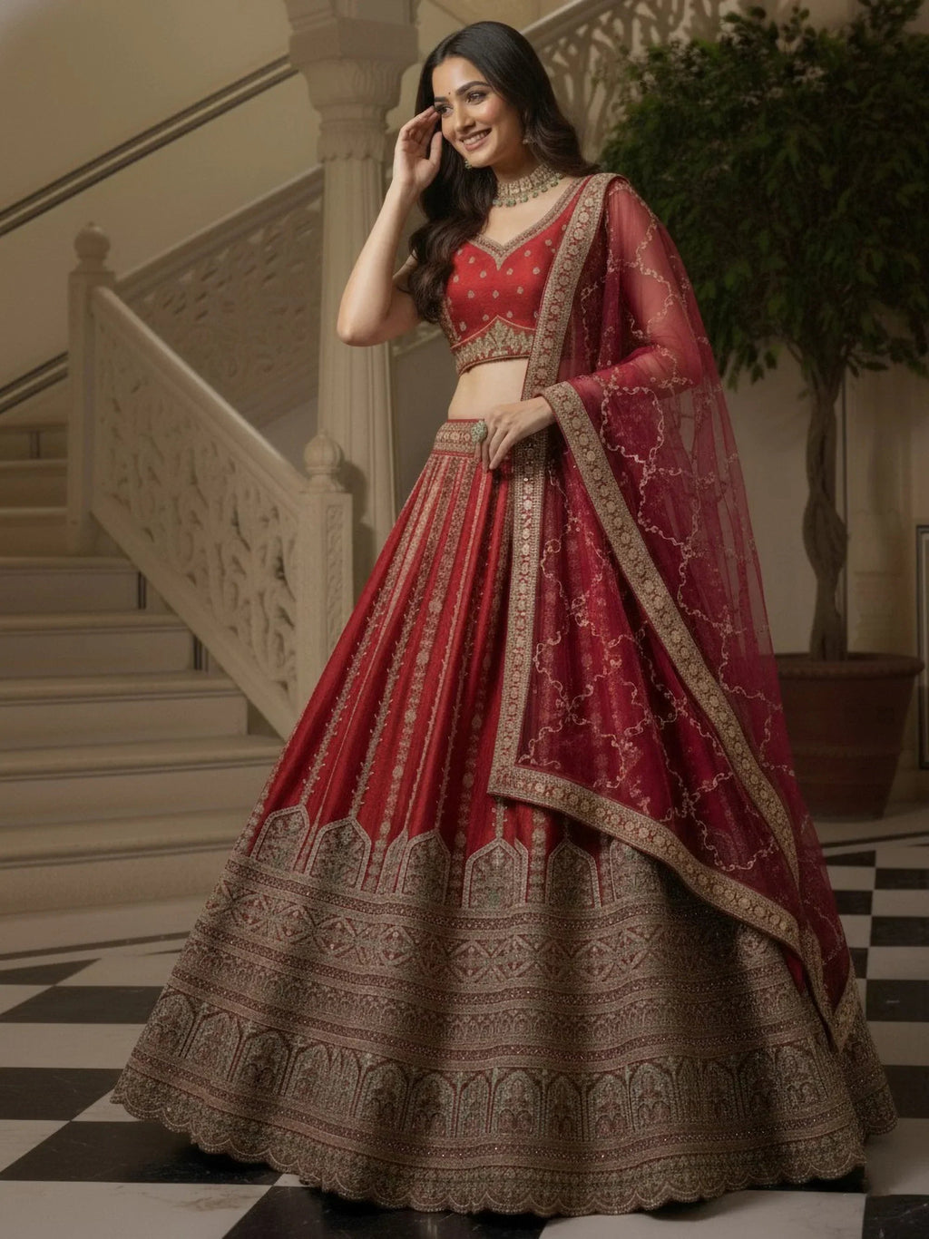 Red Awesome Mirror Handwork Silk Bridal Wear Lehenga Choli