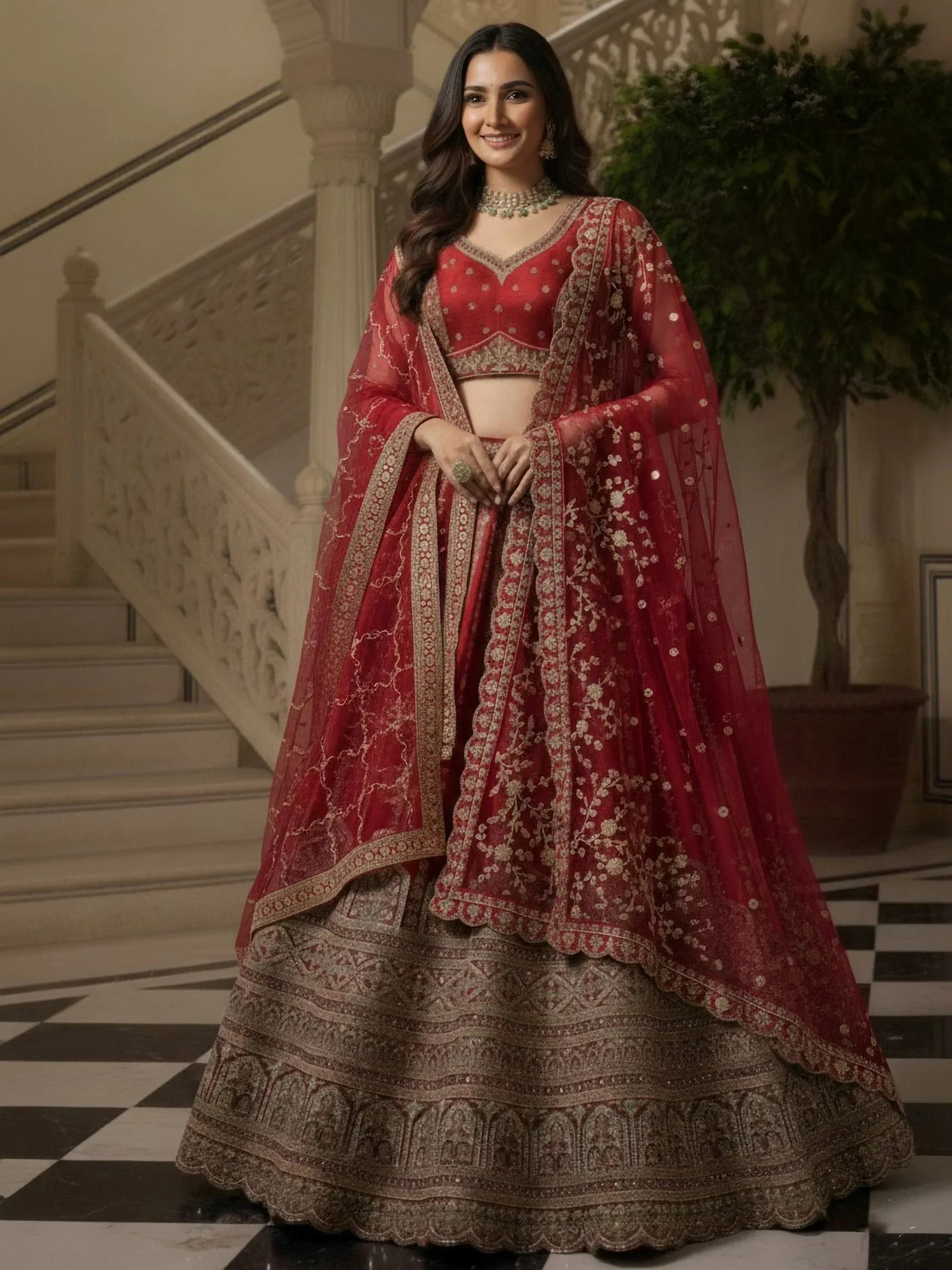 Red Awesome Mirror Handwork Silk Bridal Wear Lehenga Choli
