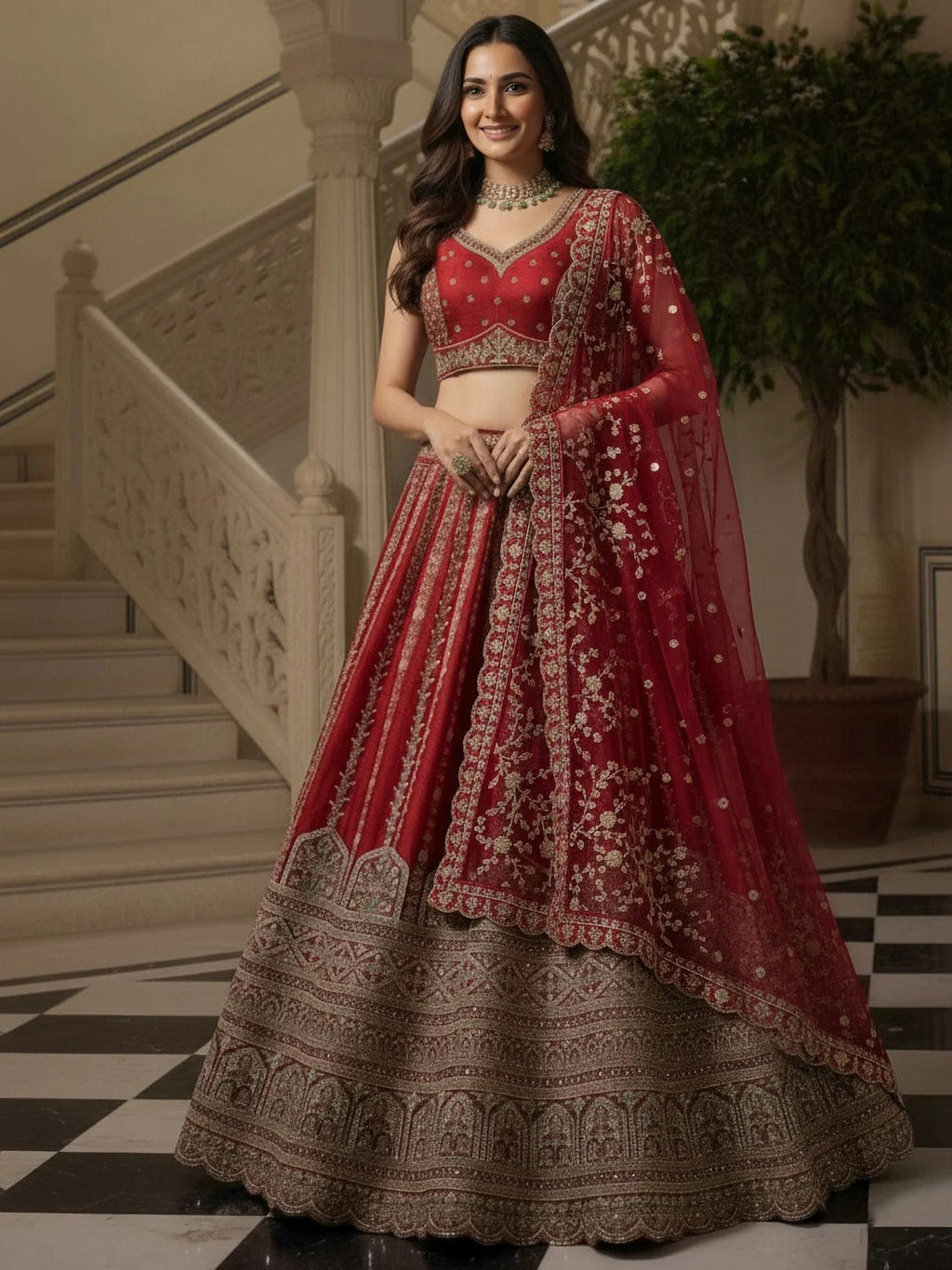 Red Awesome Mirror Handwork Silk Bridal Wear Lehenga Choli