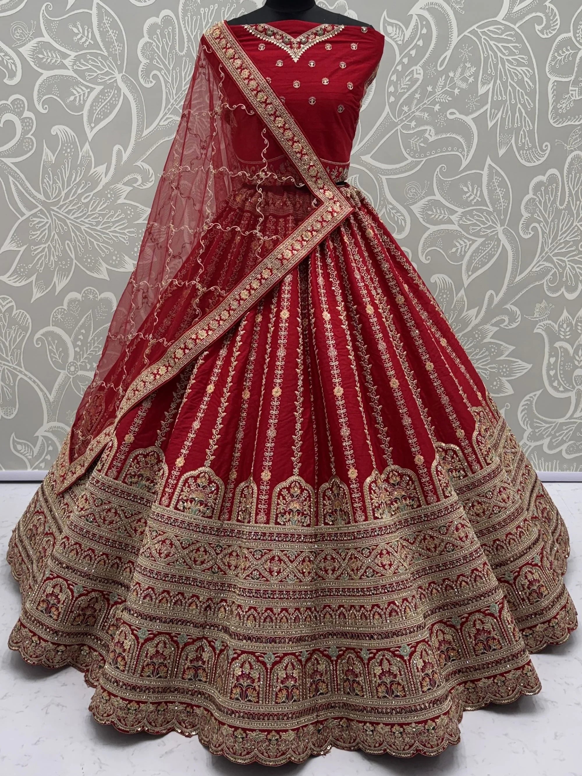Red Awesome Mirror Handwork Silk Bridal Wear Lehenga Choli