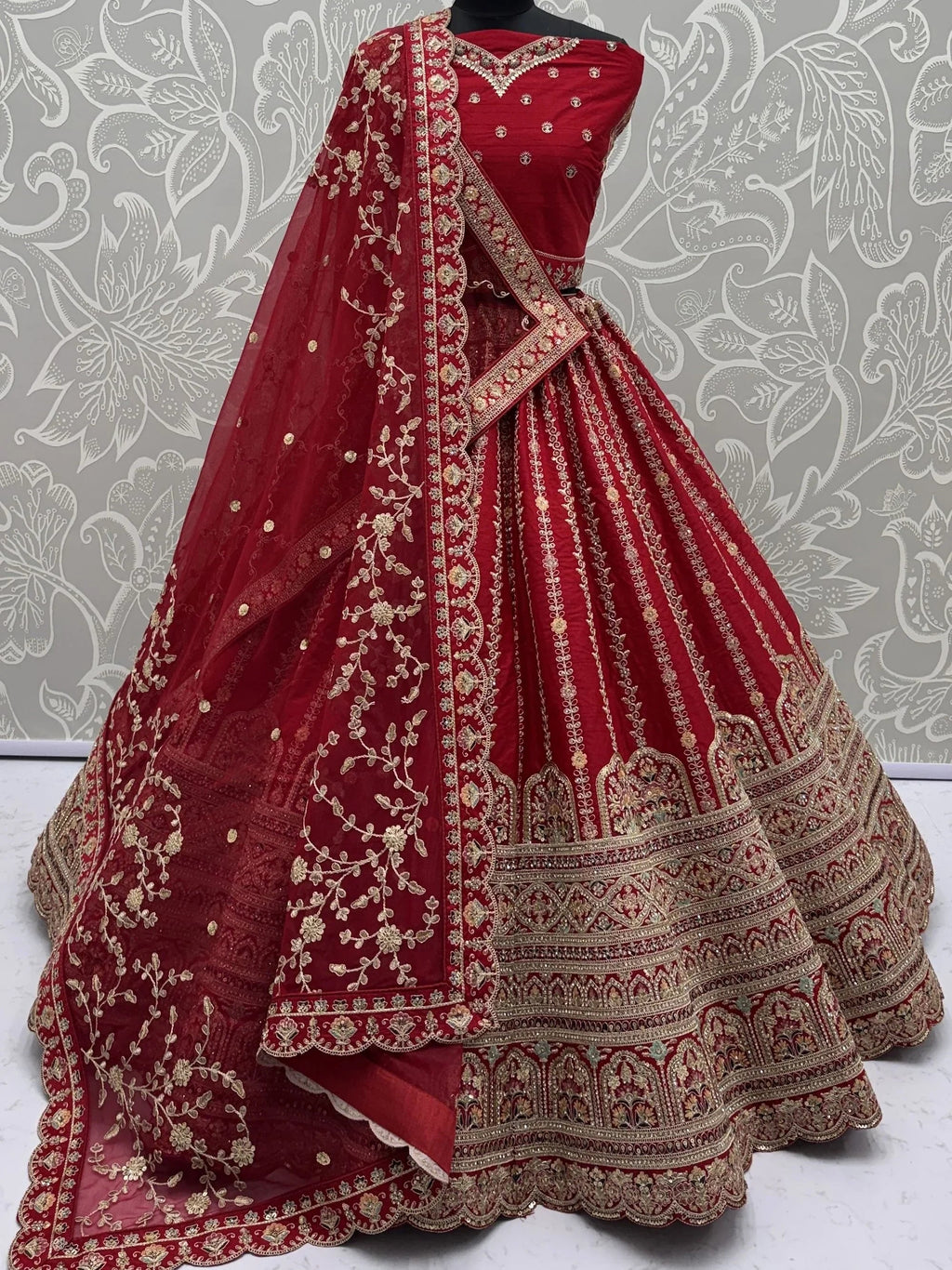Red Awesome Mirror Handwork Silk Bridal Wear Lehenga Choli