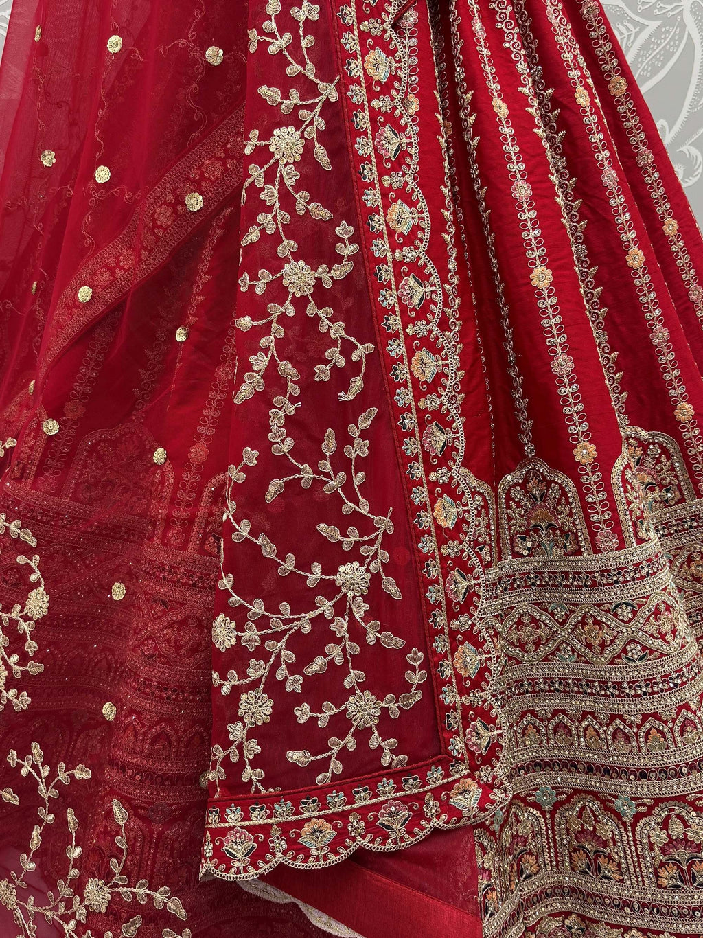 Red Awesome Mirror Handwork Silk Bridal Wear Lehenga Choli