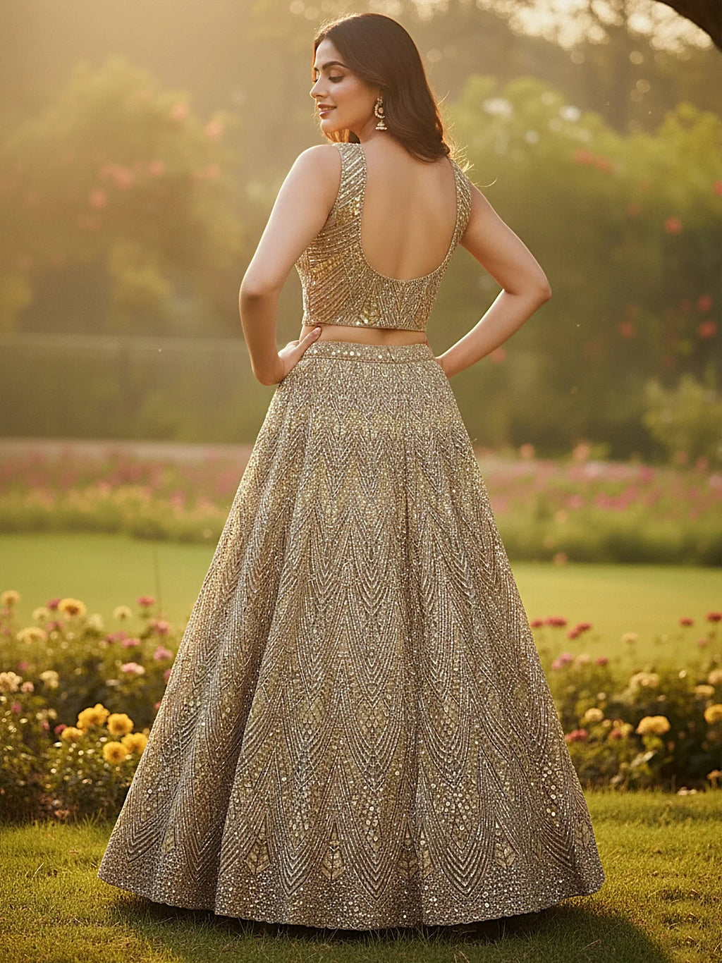 Wonderful Golden Sequins Embroidered Net Reception Wear Lehenga Choli