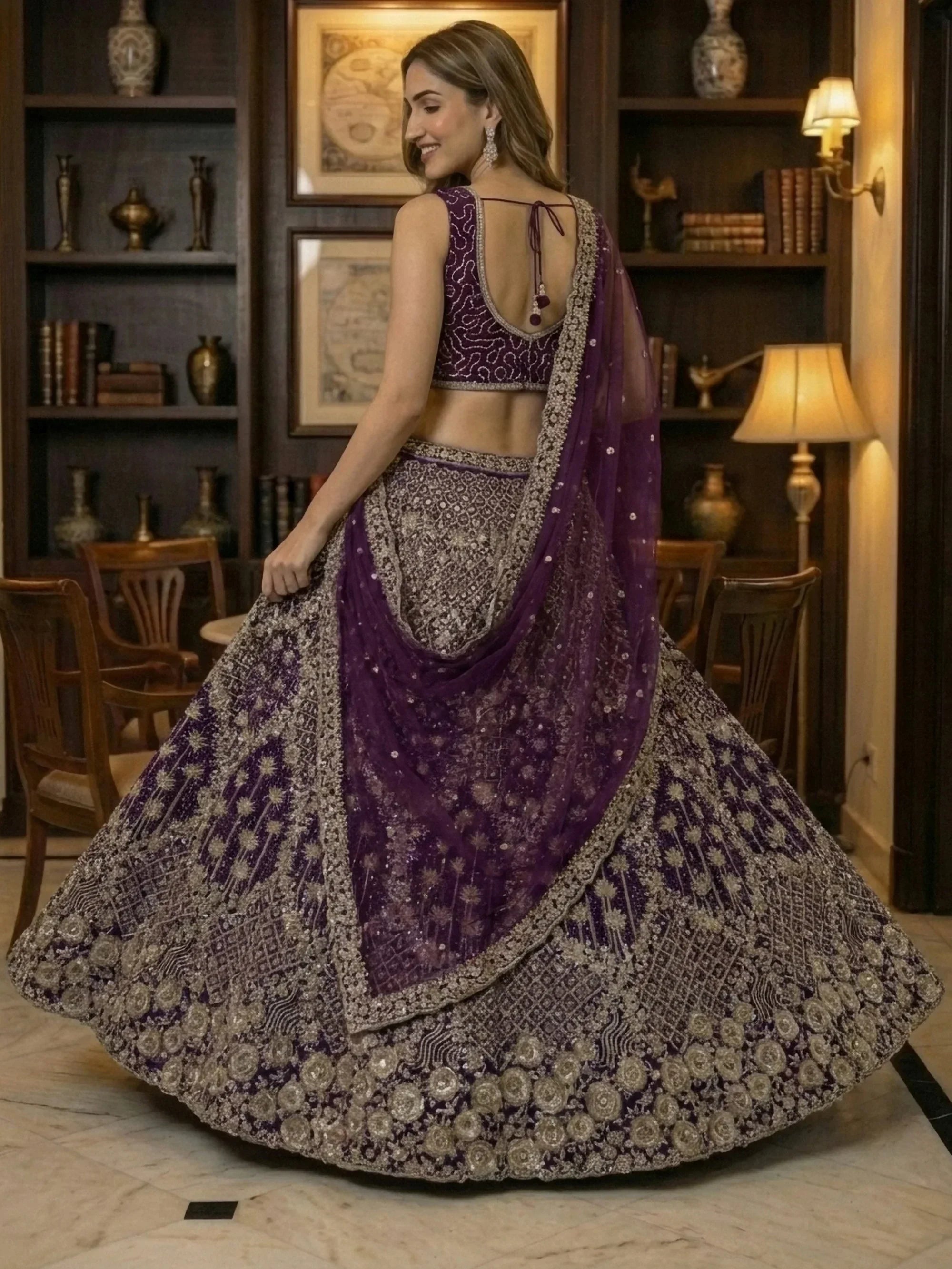 Wine Classic Thread Embroidered Silk Wedding Wear Lehenga Choli