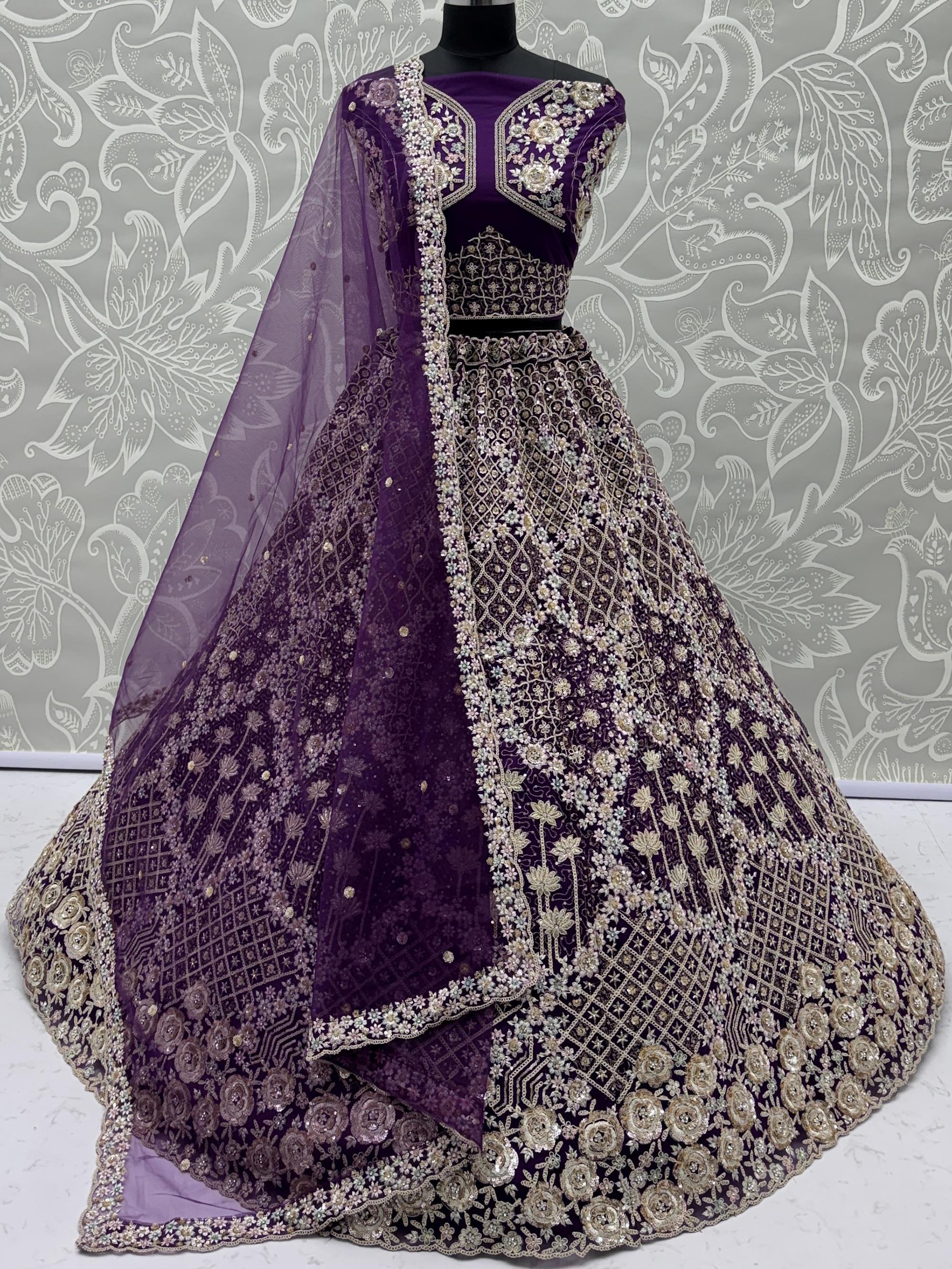 Wine Classic Thread Embroidered Silk Wedding Wear Lehenga Choli