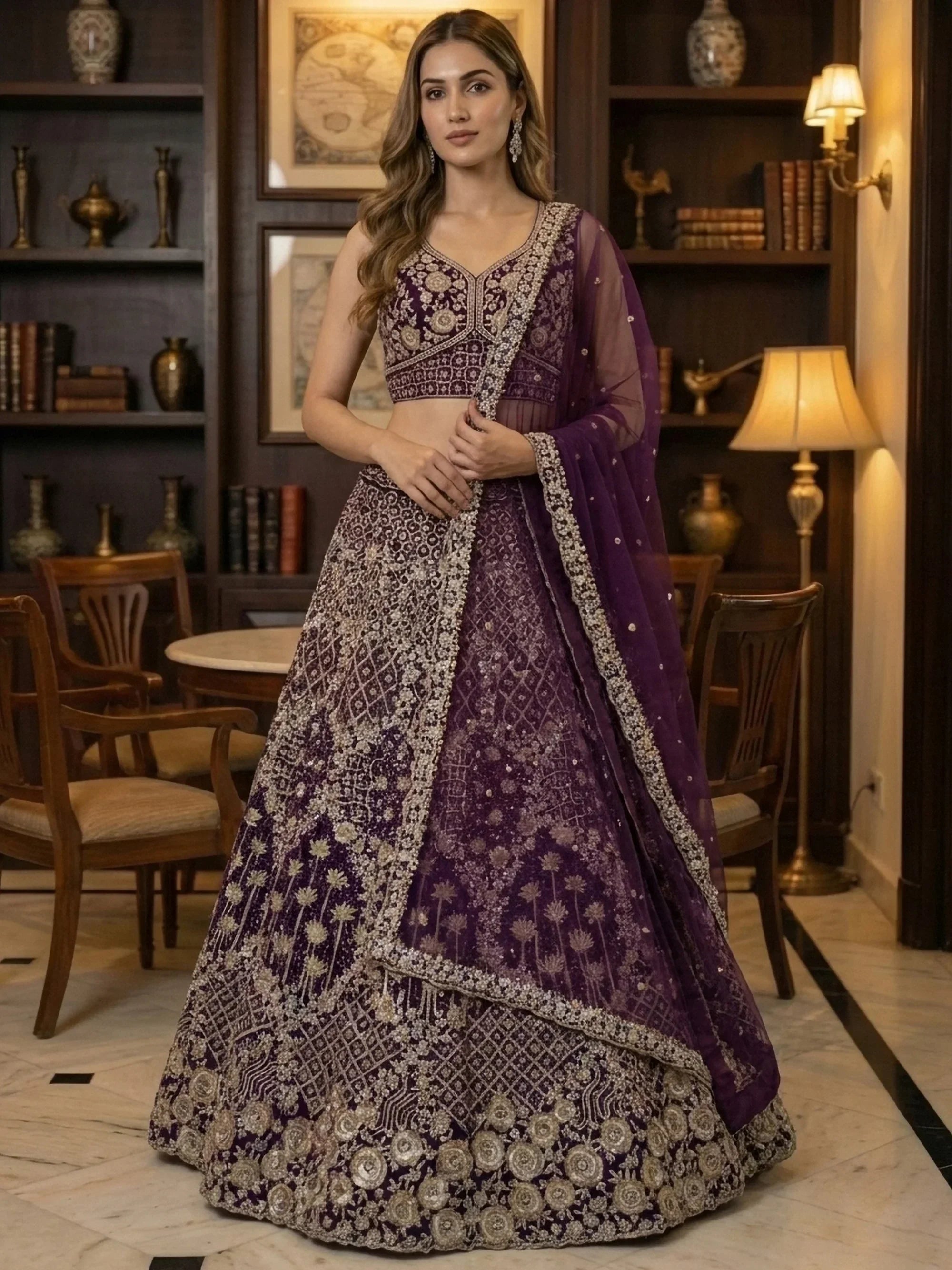 Wine Classic Thread Embroidered Silk Wedding Wear Lehenga Choli