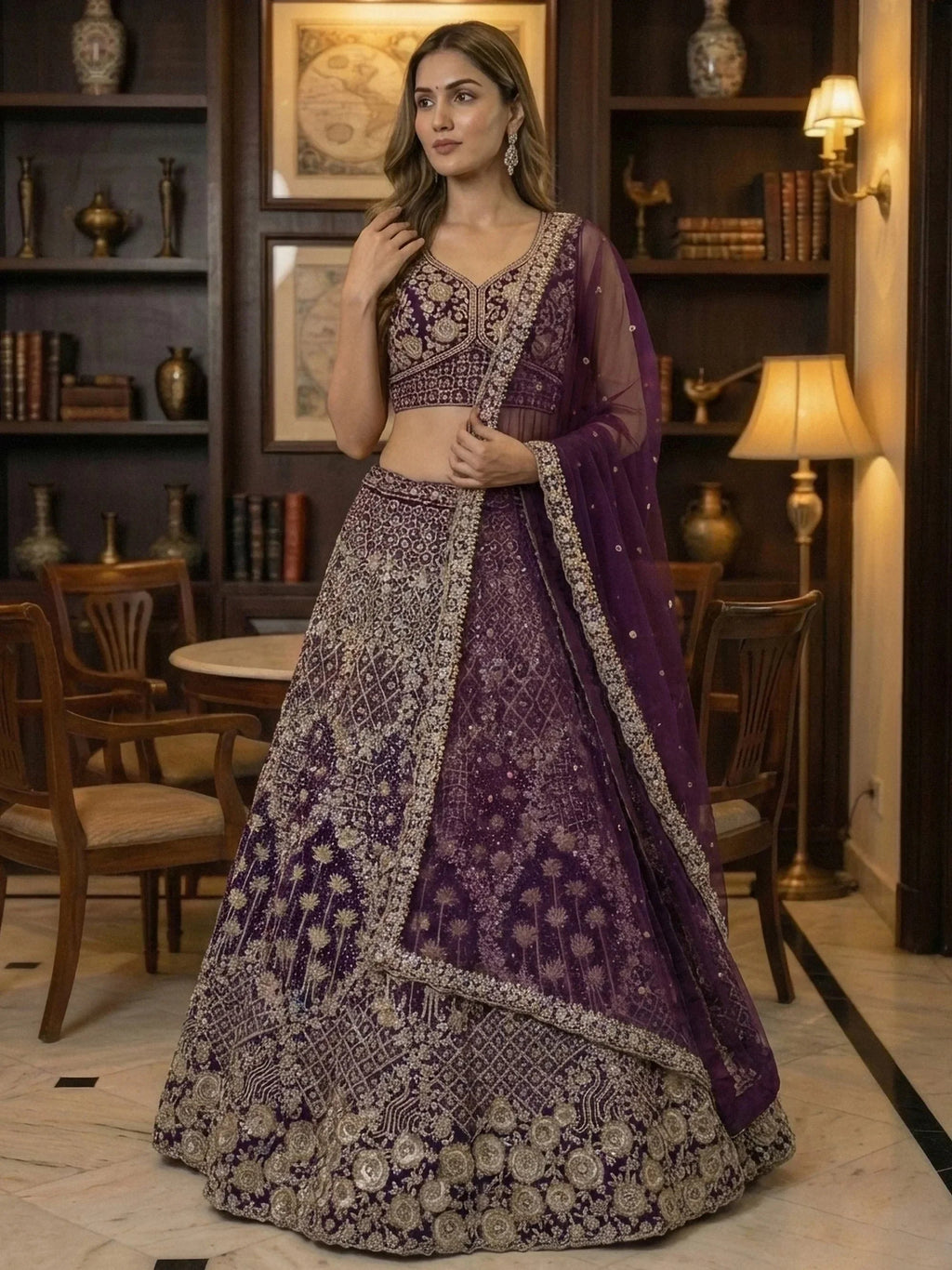 Wine Classic Thread Embroidered Silk Wedding Wear Lehenga Choli