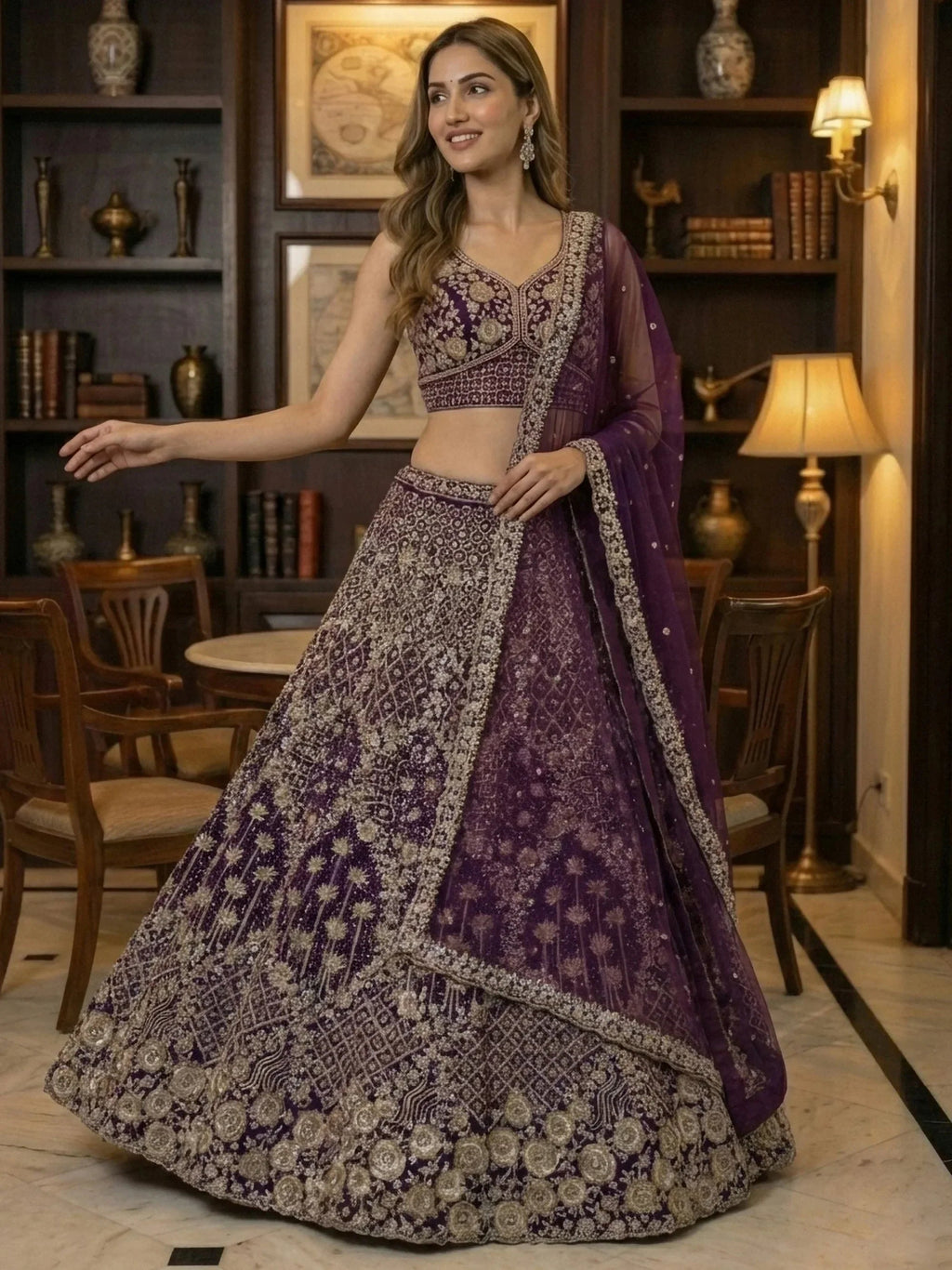 Wine Classic Thread Embroidered Silk Wedding Wear Lehenga Choli