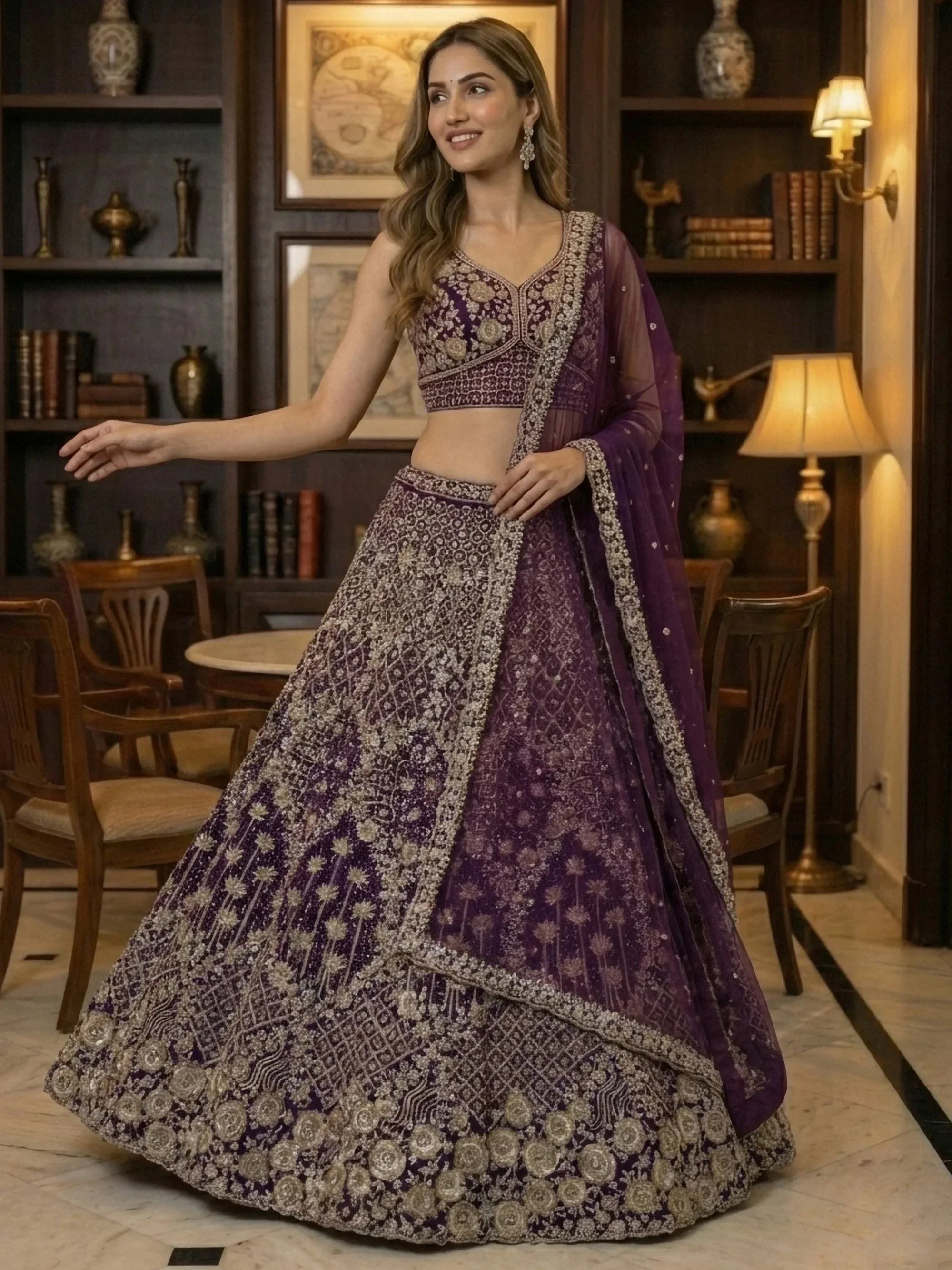 Wine Classic Thread Embroidered Silk Wedding Wear Lehenga Choli