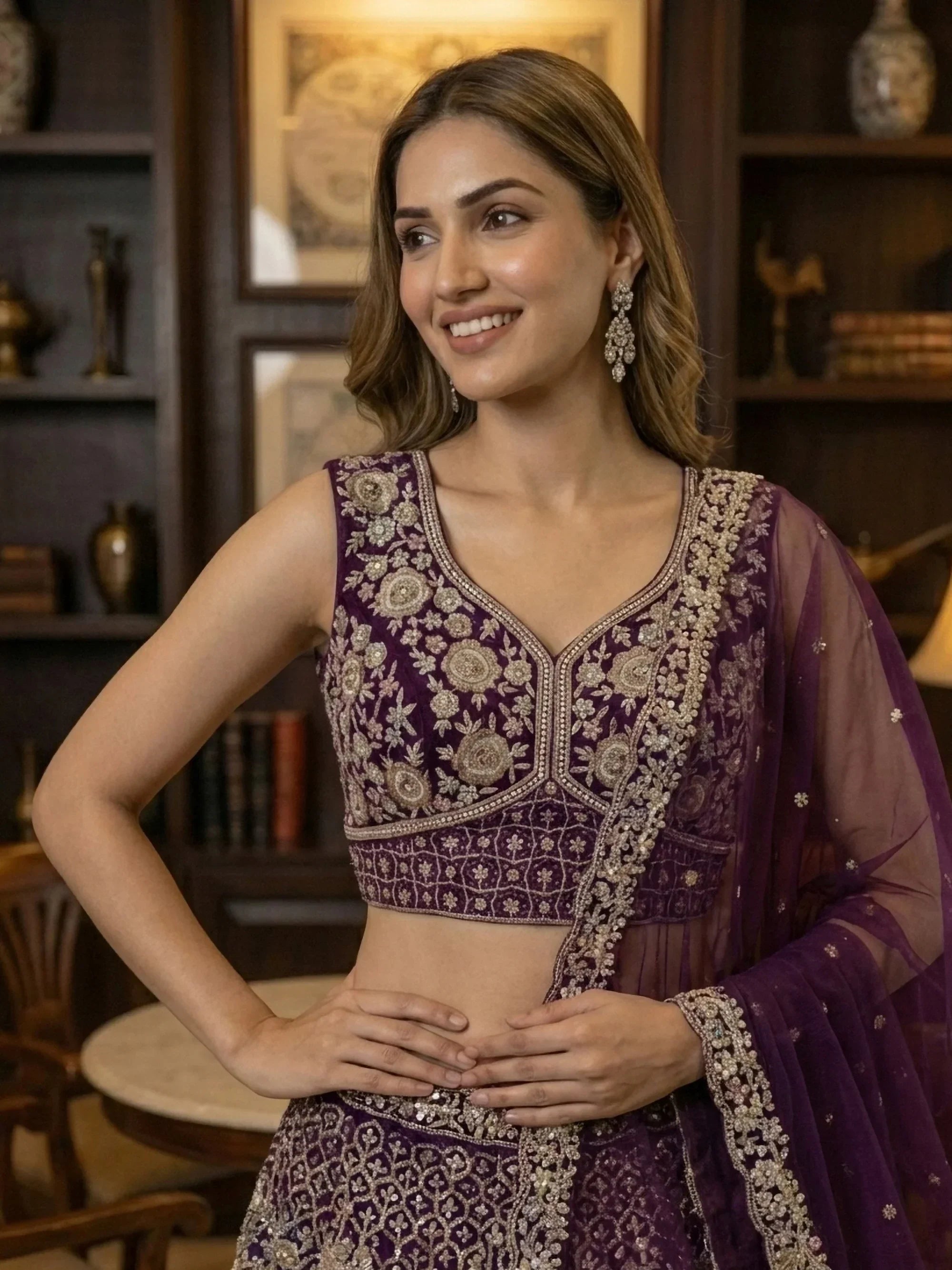 Wine Classic Thread Embroidered Silk Wedding Wear Lehenga Choli