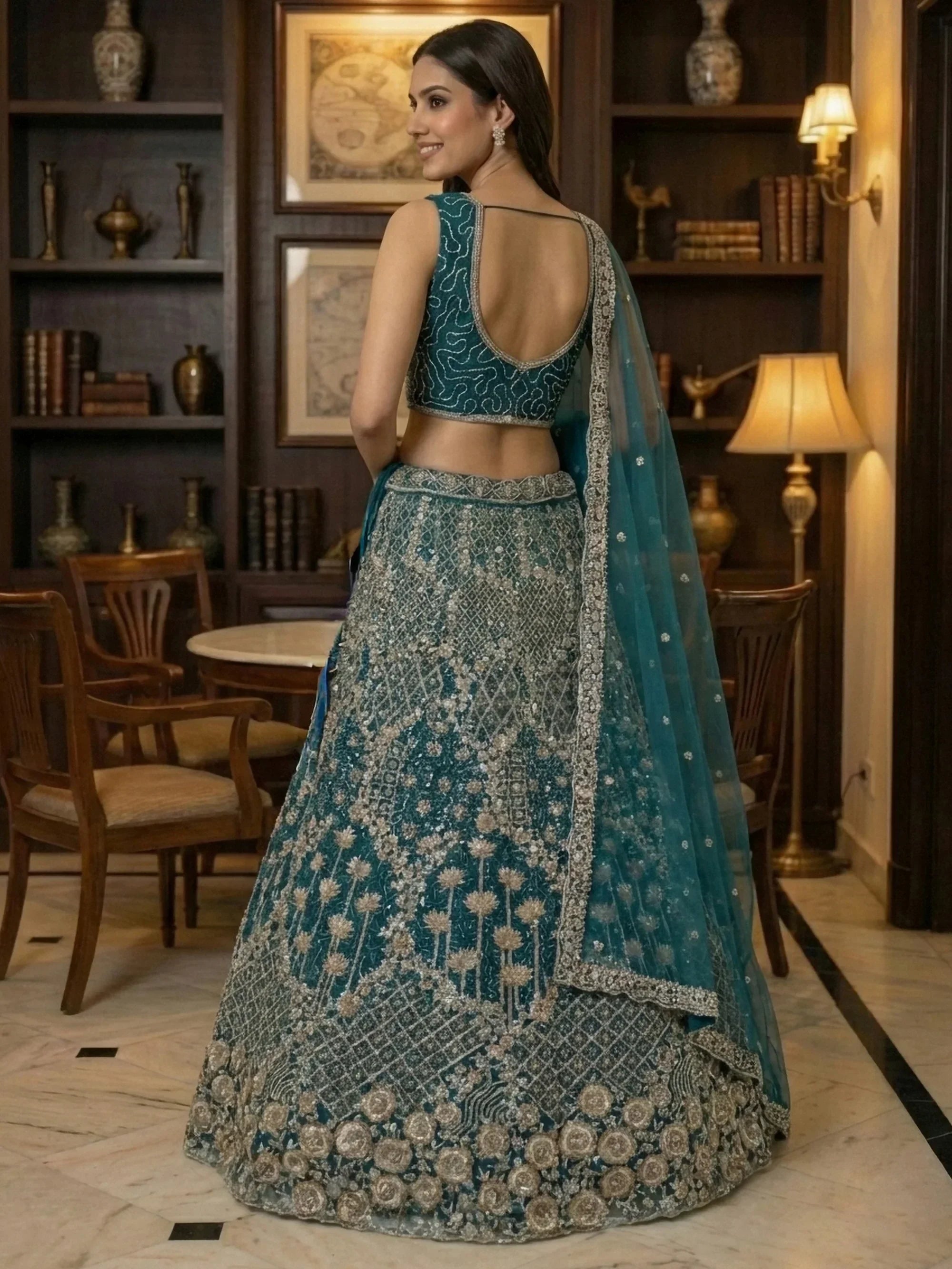 Blue Classic Thread Embroidered Silk Wedding Wear Lehenga Choli