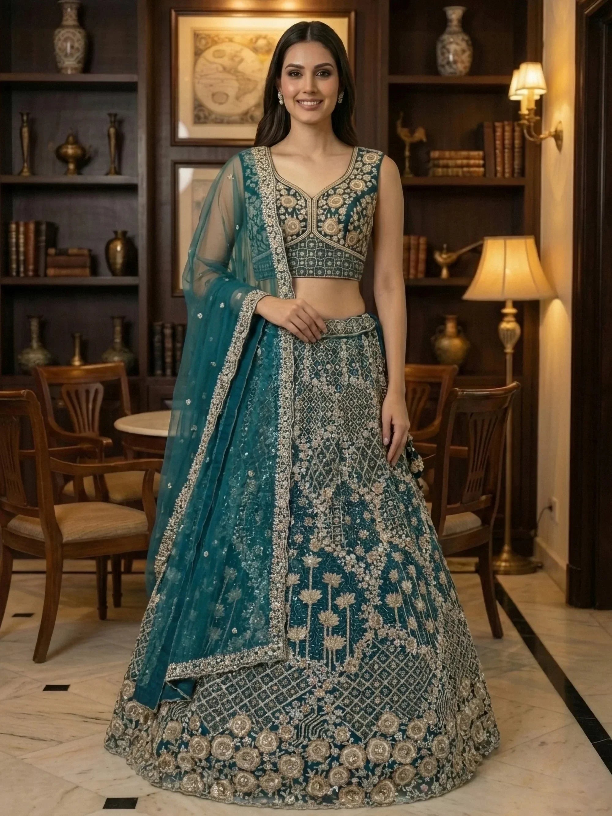 Blue Classic Thread Embroidered Silk Wedding Wear Lehenga Choli