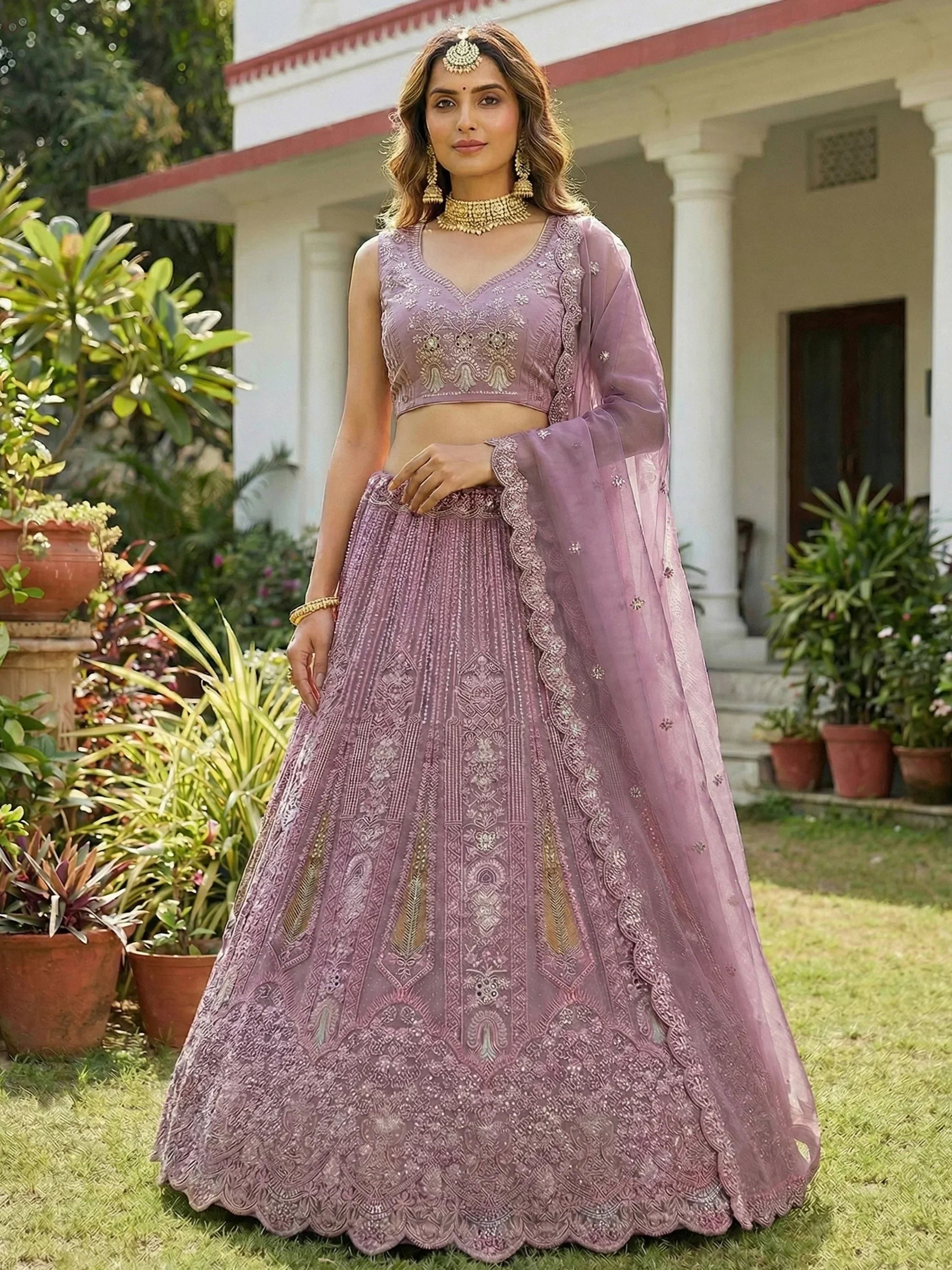 Pink Stylish Dori Embroidered Net Reception Wear Lehenga Choli