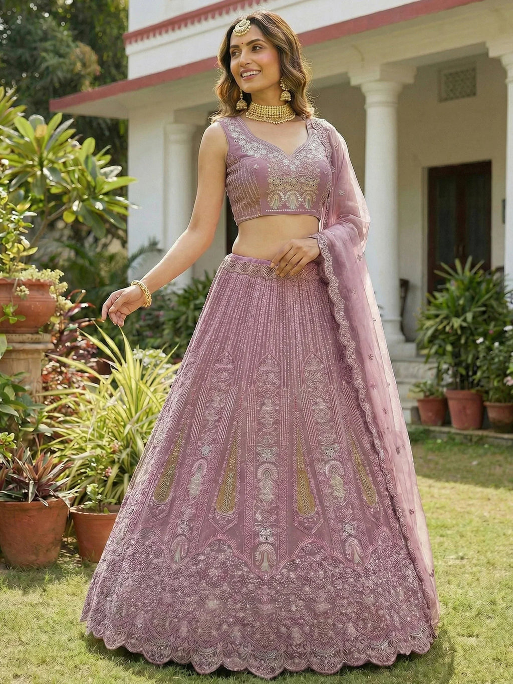 Pink Stylish Dori Embroidered Net Reception Wear Lehenga Choli