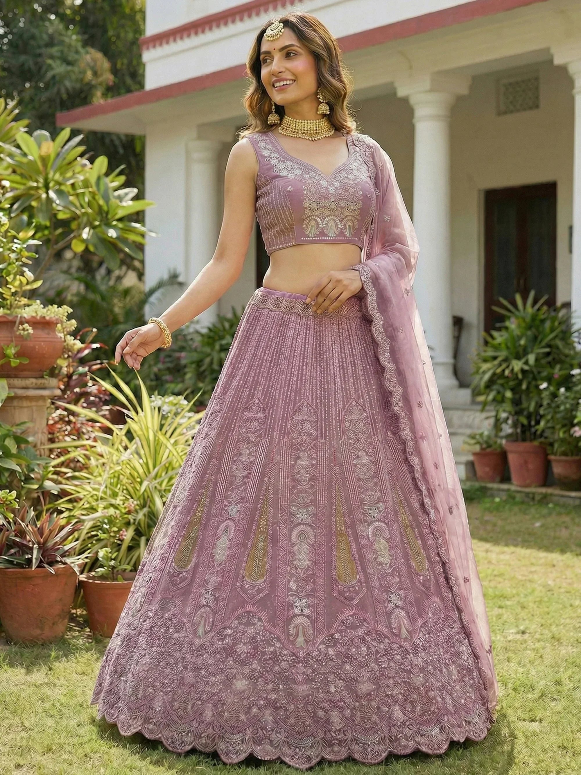Pink Stylish Dori Embroidered Net Reception Wear Lehenga Choli