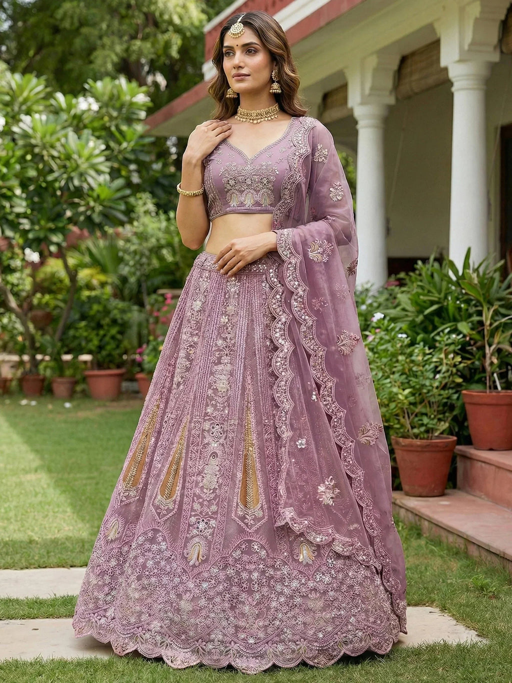 Pink Stylish Dori Embroidered Net Reception Wear Lehenga Choli