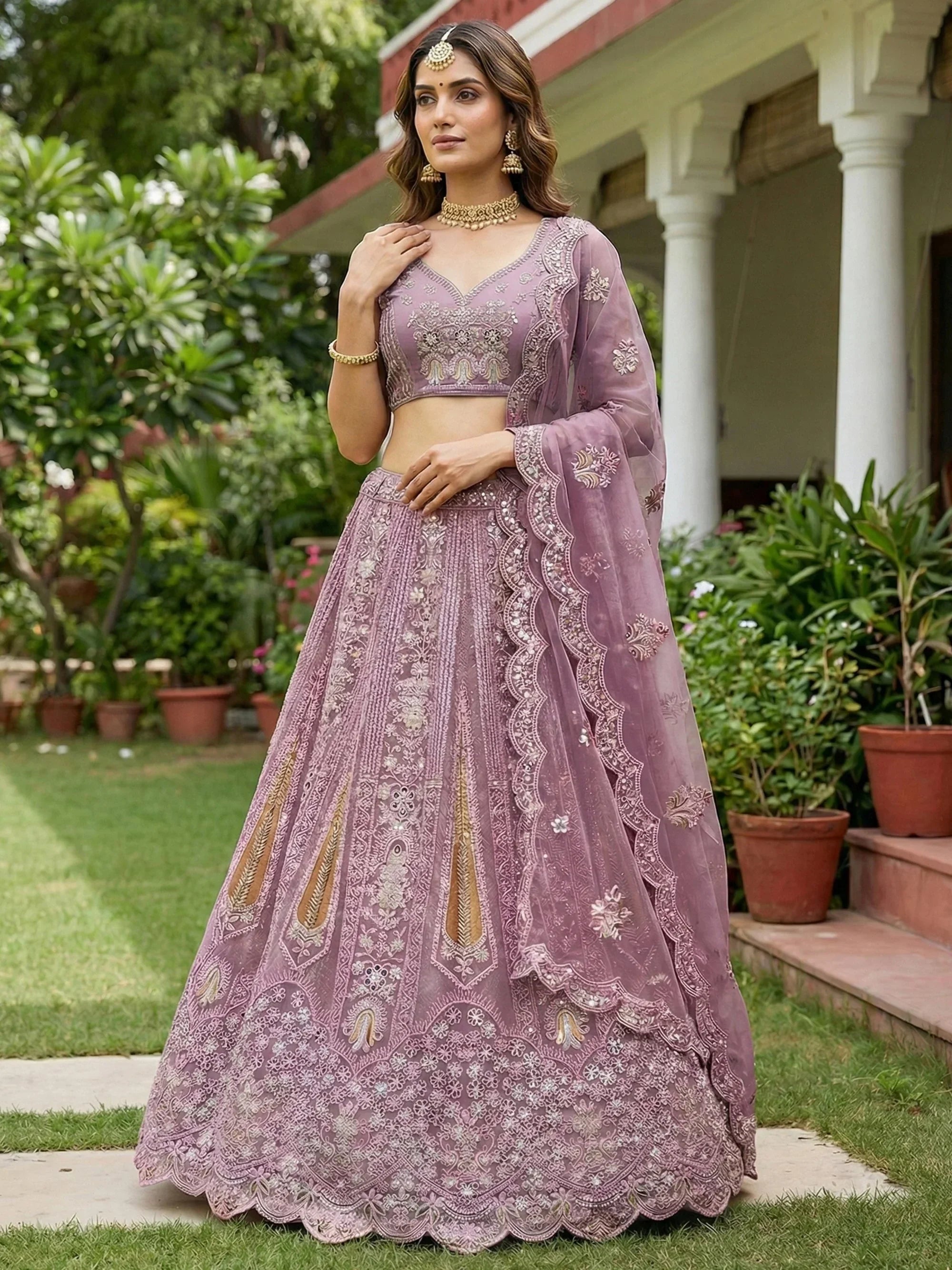Pink Stylish Dori Embroidered Net Reception Wear Lehenga Choli