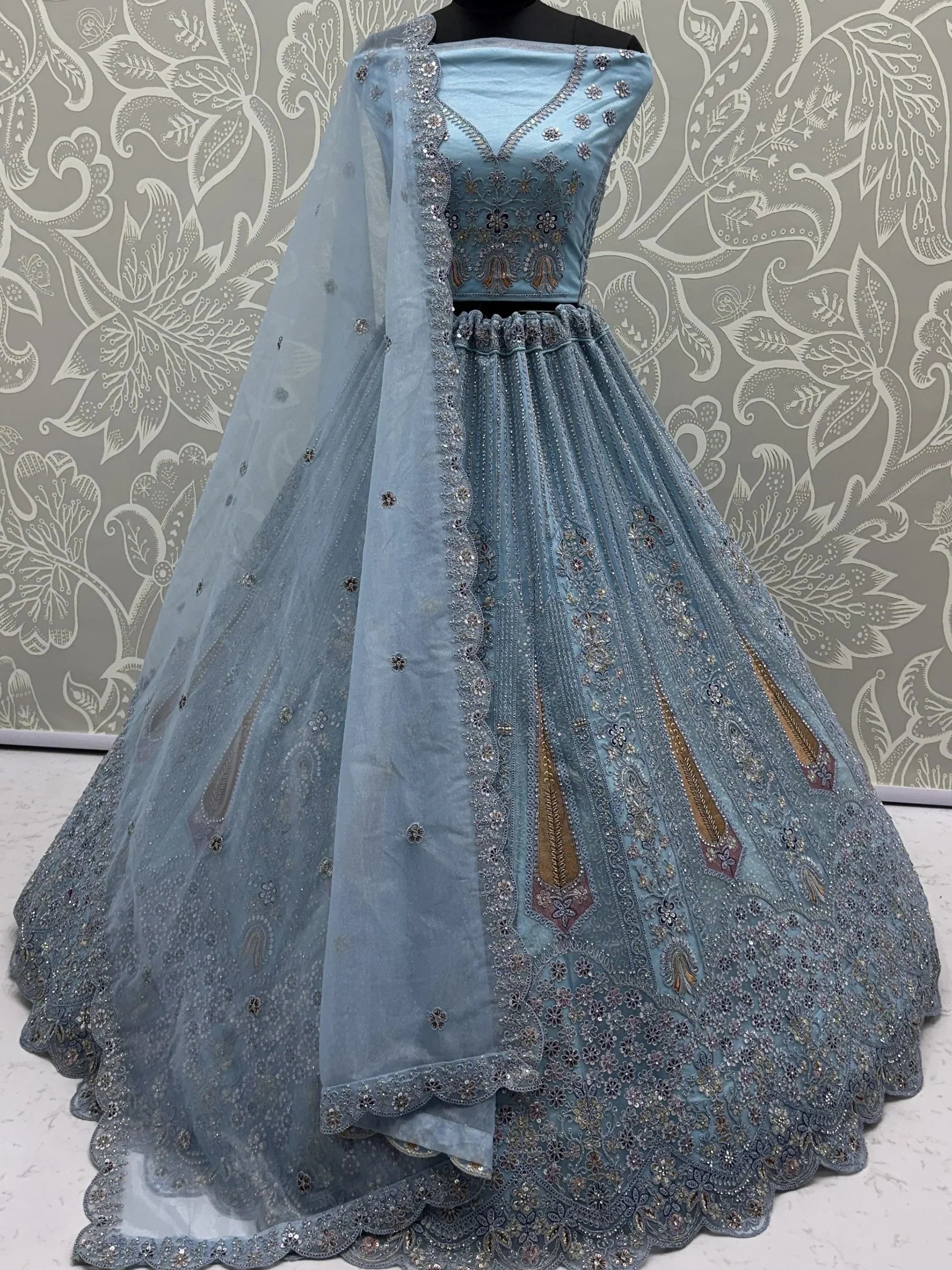 Blue Stylish Dori Embroidered Net Reception Wear Lehenga Choli