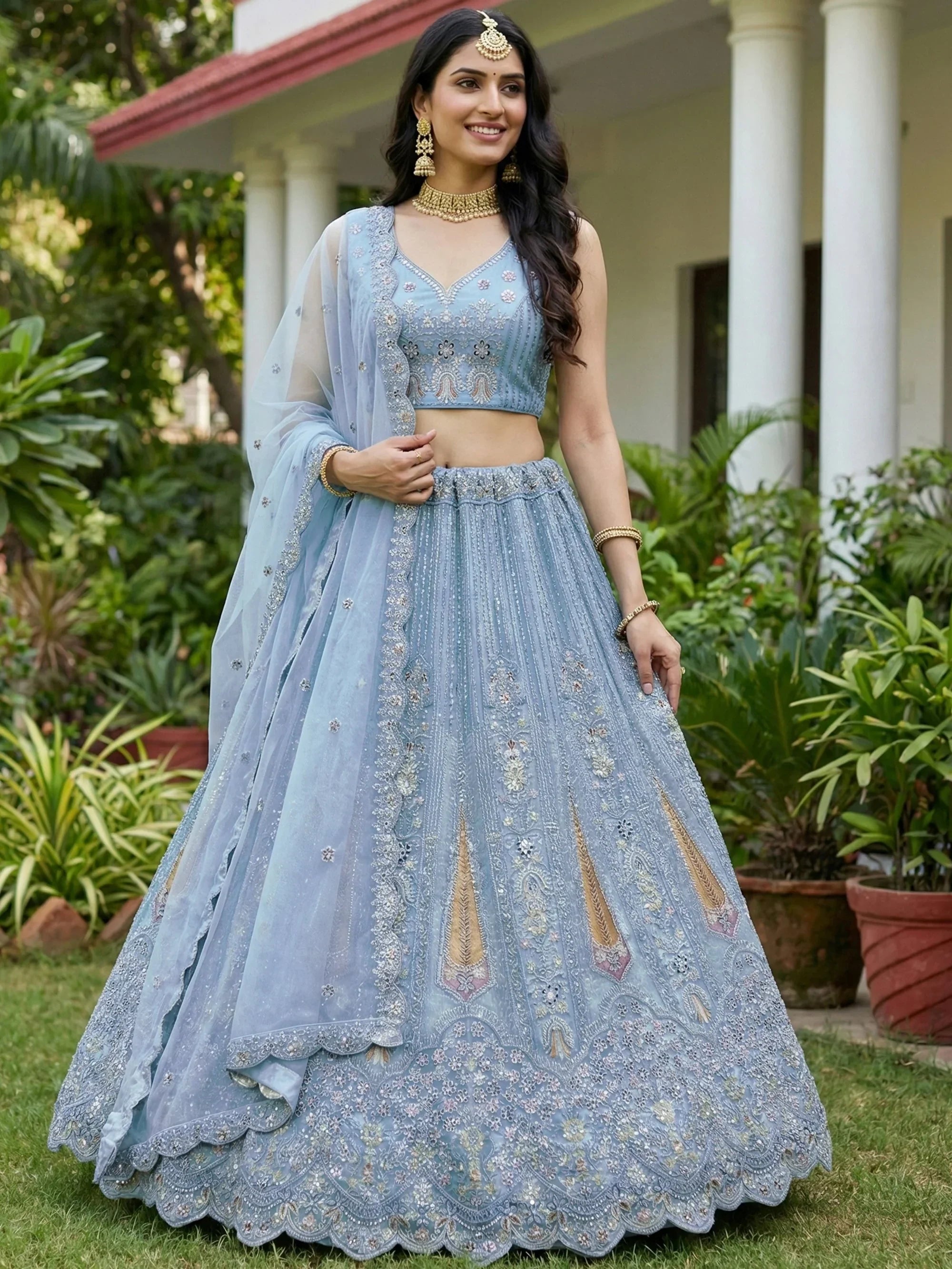 Blue Stylish Dori Embroidered Net Reception Wear Lehenga Choli