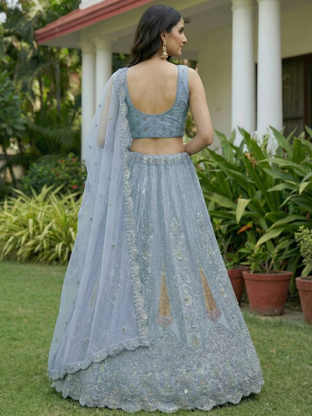 Blue Stylish Dori Embroidered Net Reception Wear Lehenga Choli
