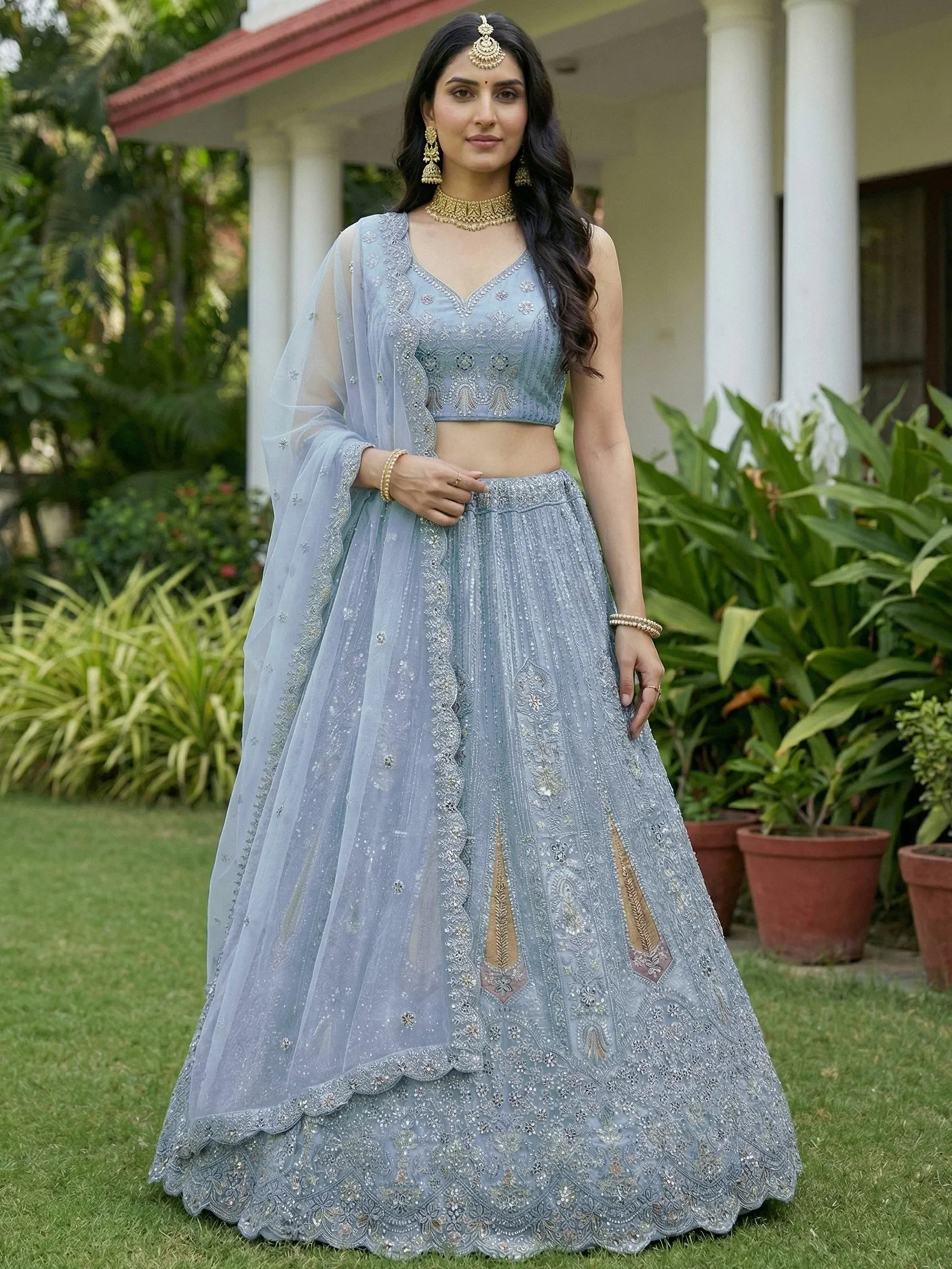 Blue Stylish Dori Embroidered Net Reception Wear Lehenga Choli