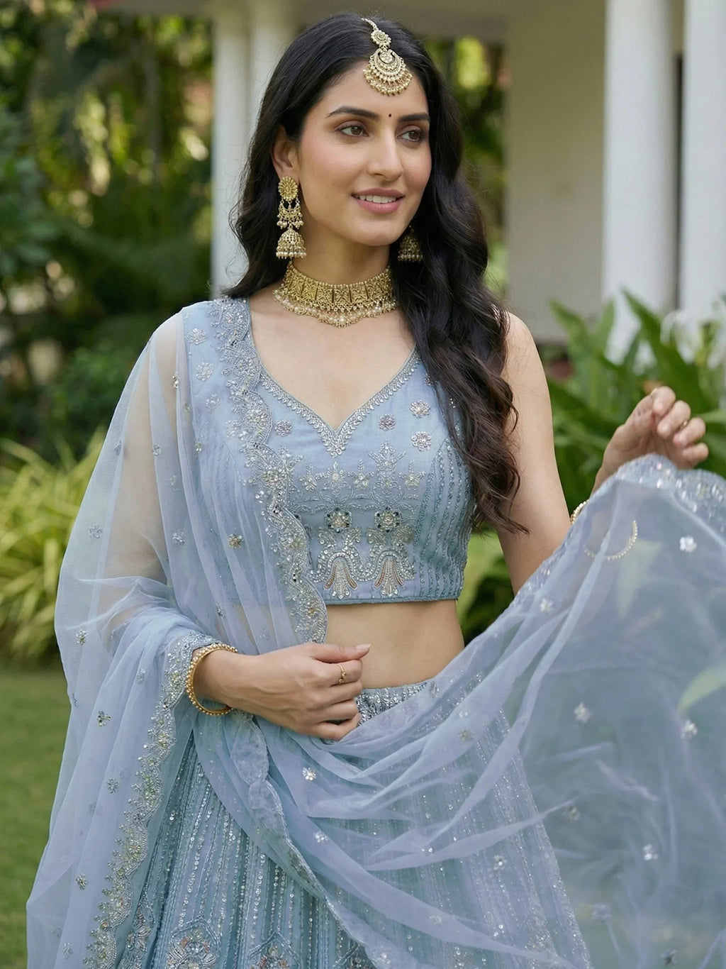 Blue Stylish Dori Embroidered Net Reception Wear Lehenga Choli