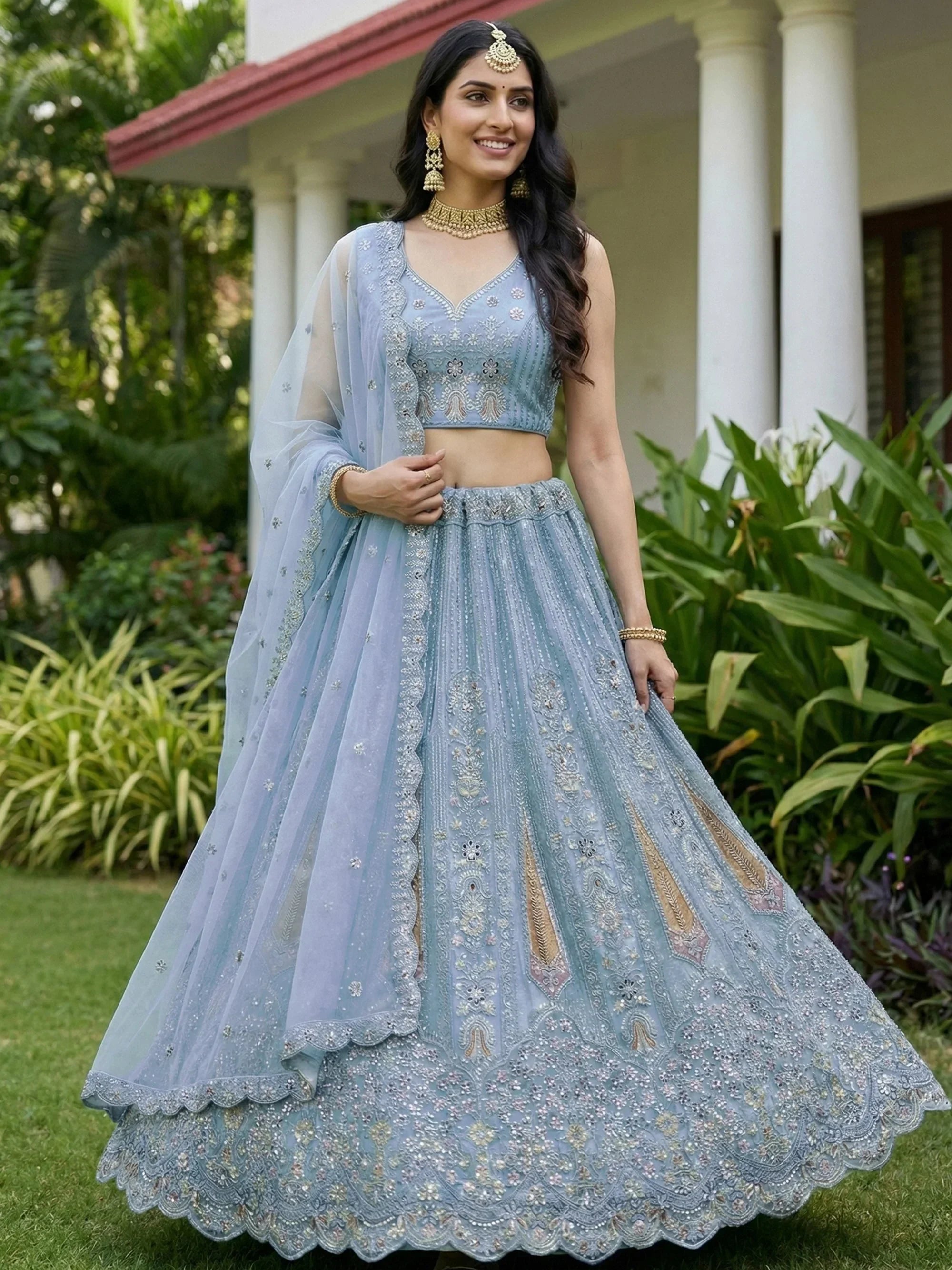 Blue Stylish Dori Embroidered Net Reception Wear Lehenga Choli