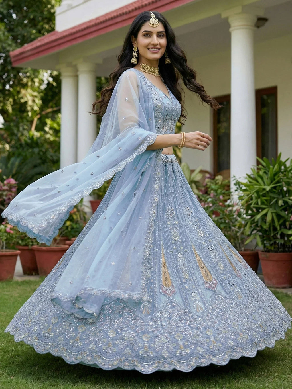 Blue Stylish Dori Embroidered Net Reception Wear Lehenga Choli