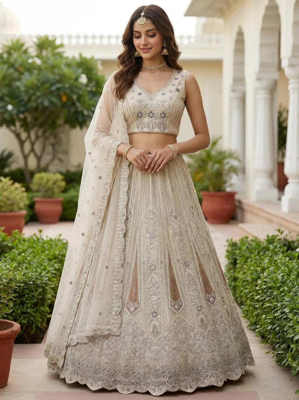 White Stylish Dori Embroidered Net Reception Wear Lehenga Choli